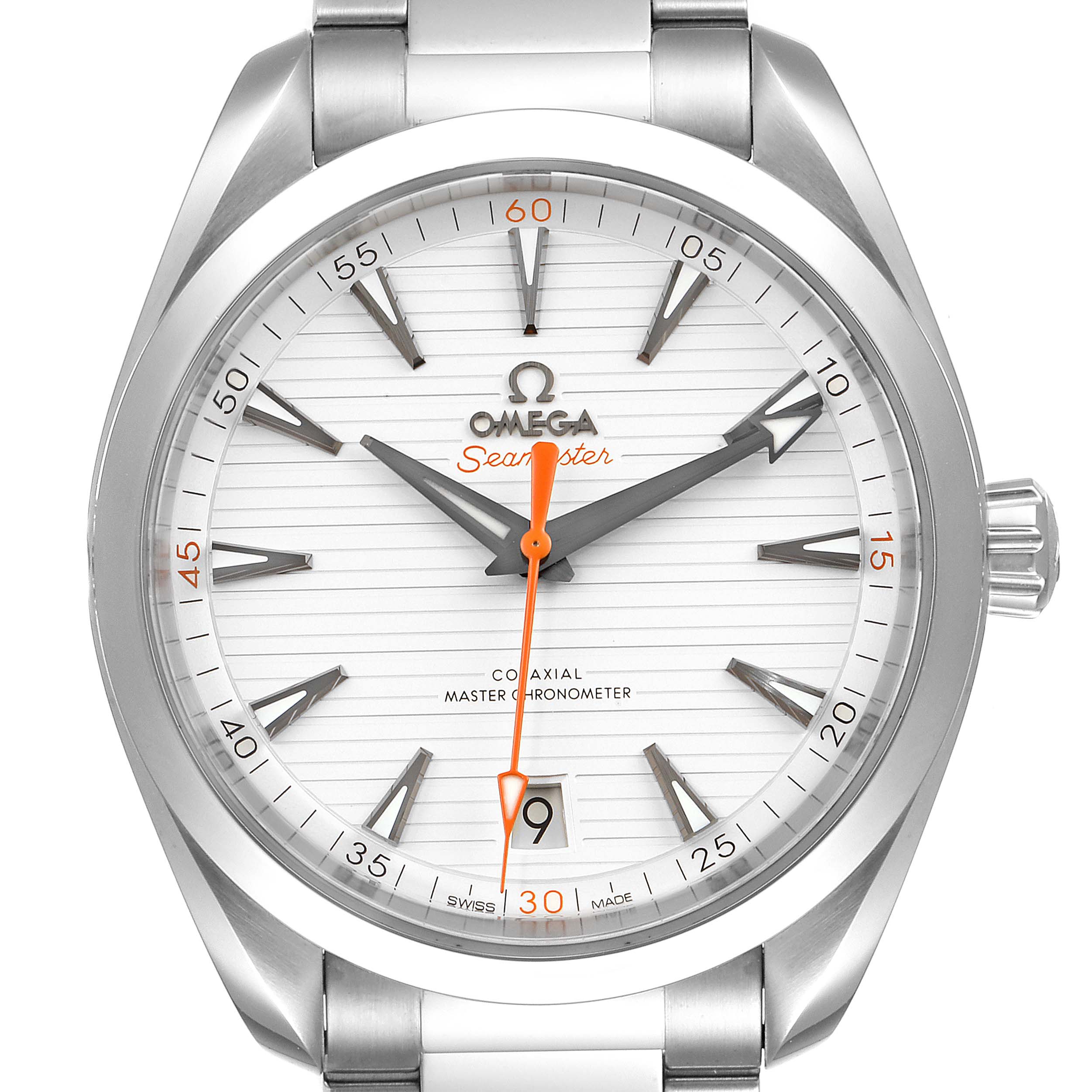 The image shows a front view of the Omega Aqua Terra 220.10.41.21.02.001 Men
s Stainless Steel Silver Dial 220.10.41.21.02.001 Men
s Stainless Steel Silver Dial model watch, highlighting its dial, hands, date display, and part of its bracelet.