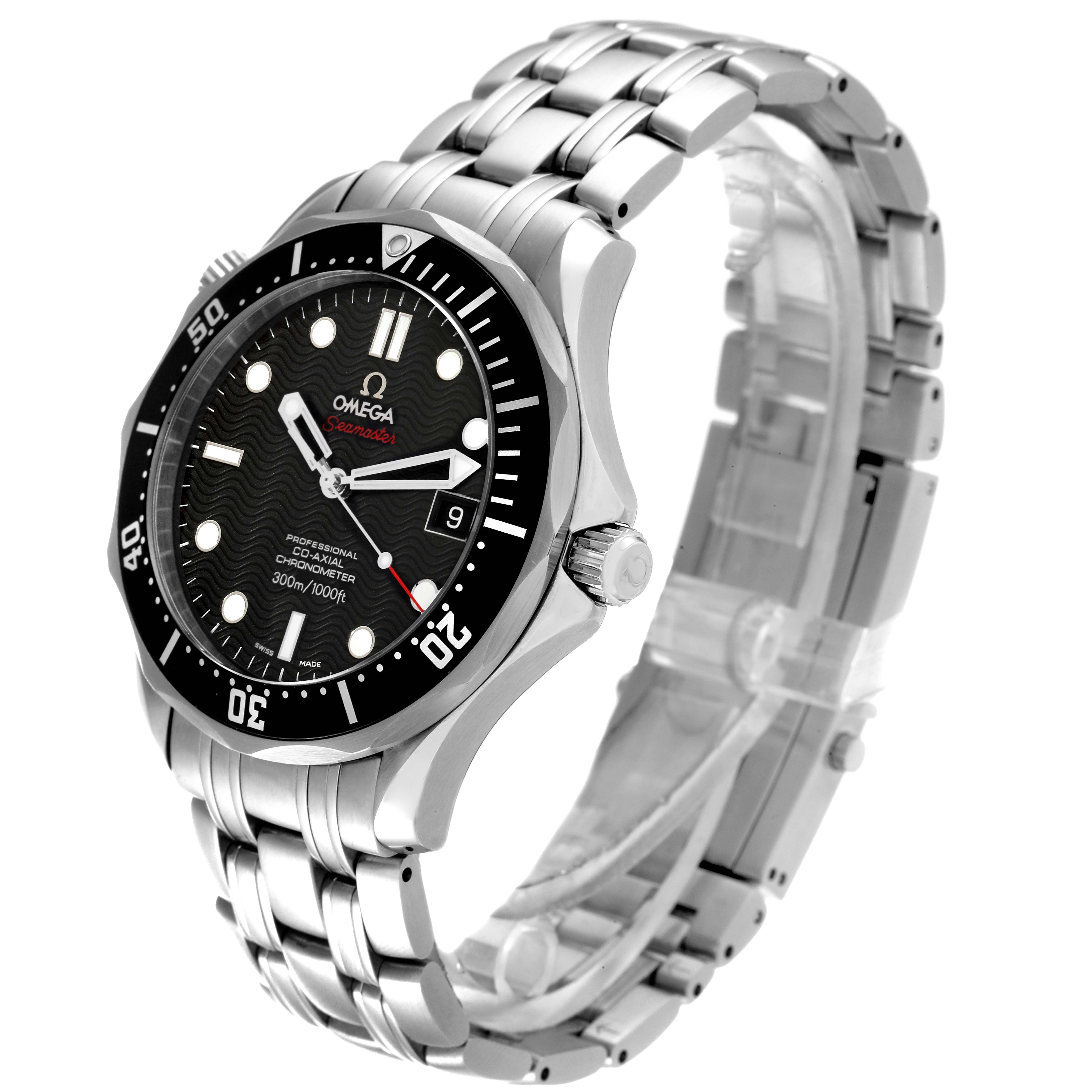 The Omega Seamaster 212.30.41.20.01.002 Men's Stainless Steel Black Dial 212.30.41.20.01.002 Men's Stainless Steel Black Dial watch is shown at a three-quarter angle, highlighting the dial, bezel, crown, and metal bracelet.