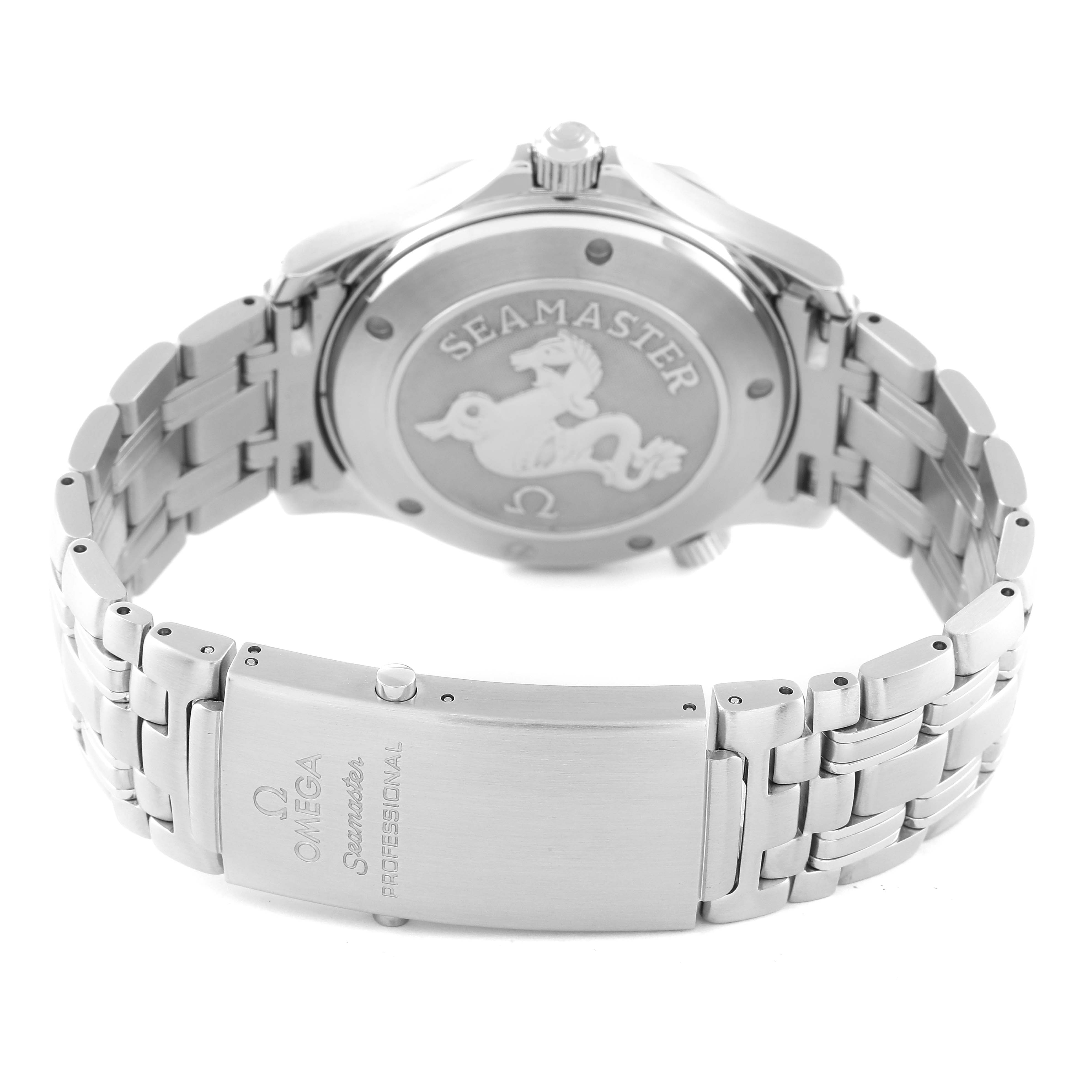 The image shows the back case and bracelet clasp of an Omega Seamaster 212.30.41.20.01.002 Men's Stainless Steel Black Dial 212.30.41.20.01.002 Men's Stainless Steel Black Dial watch.