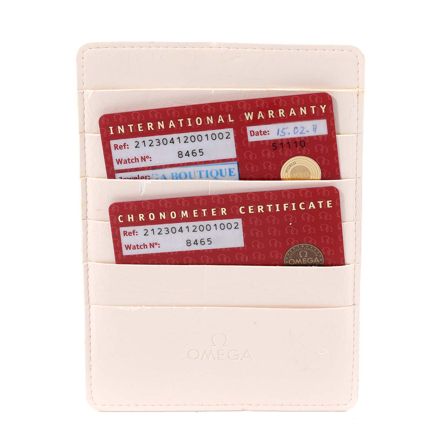 The image shows the warranty and chronometer certificate cards of the Omega Seamaster 212.30.41.20.01.002 Men's Stainless Steel Black Dial 212.30.41.20.01.002 Men's Stainless Steel Black Dial model in a cardholder.