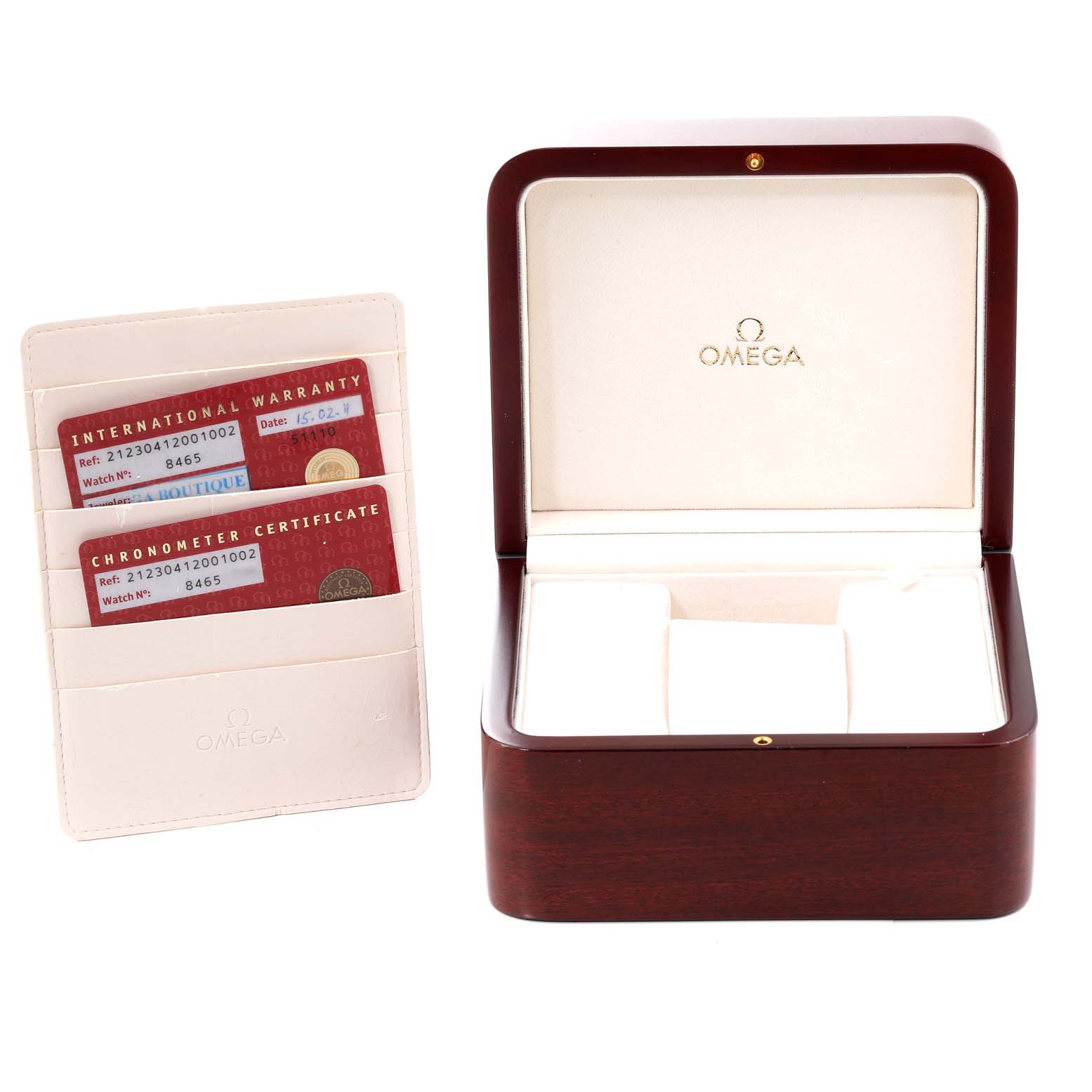 The image shows the open wooden box and warranty cards for an Omega Seamaster 212.30.41.20.01.002 Men's Stainless Steel Black Dial 212.30.41.20.01.002 Men's Stainless Steel Black Dial watch.