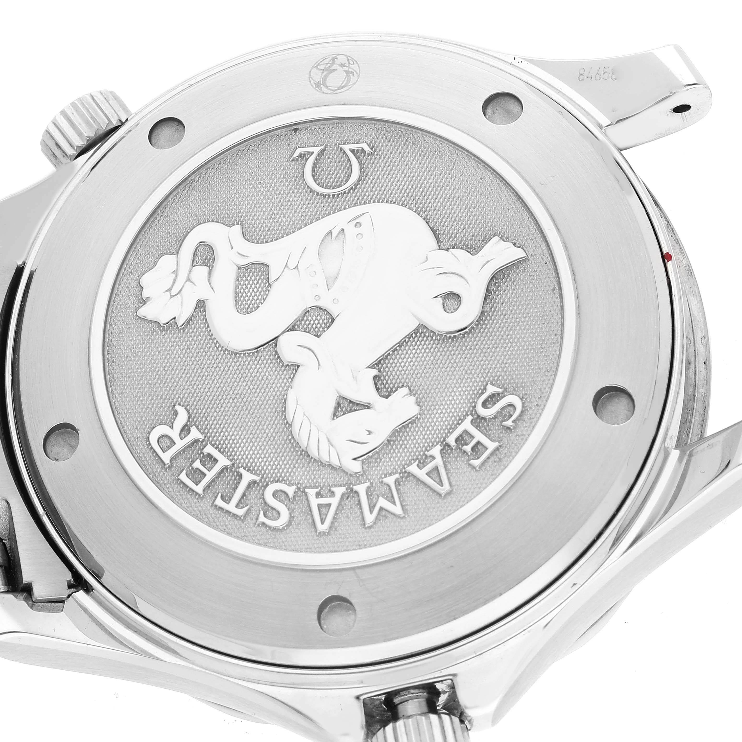 The image shows the back case of an Omega Seamaster 212.30.41.20.01.002 Men's Stainless Steel Black Dial 212.30.41.20.01.002 Men's Stainless Steel Black Dial watch, displaying its engraved logo and branding.