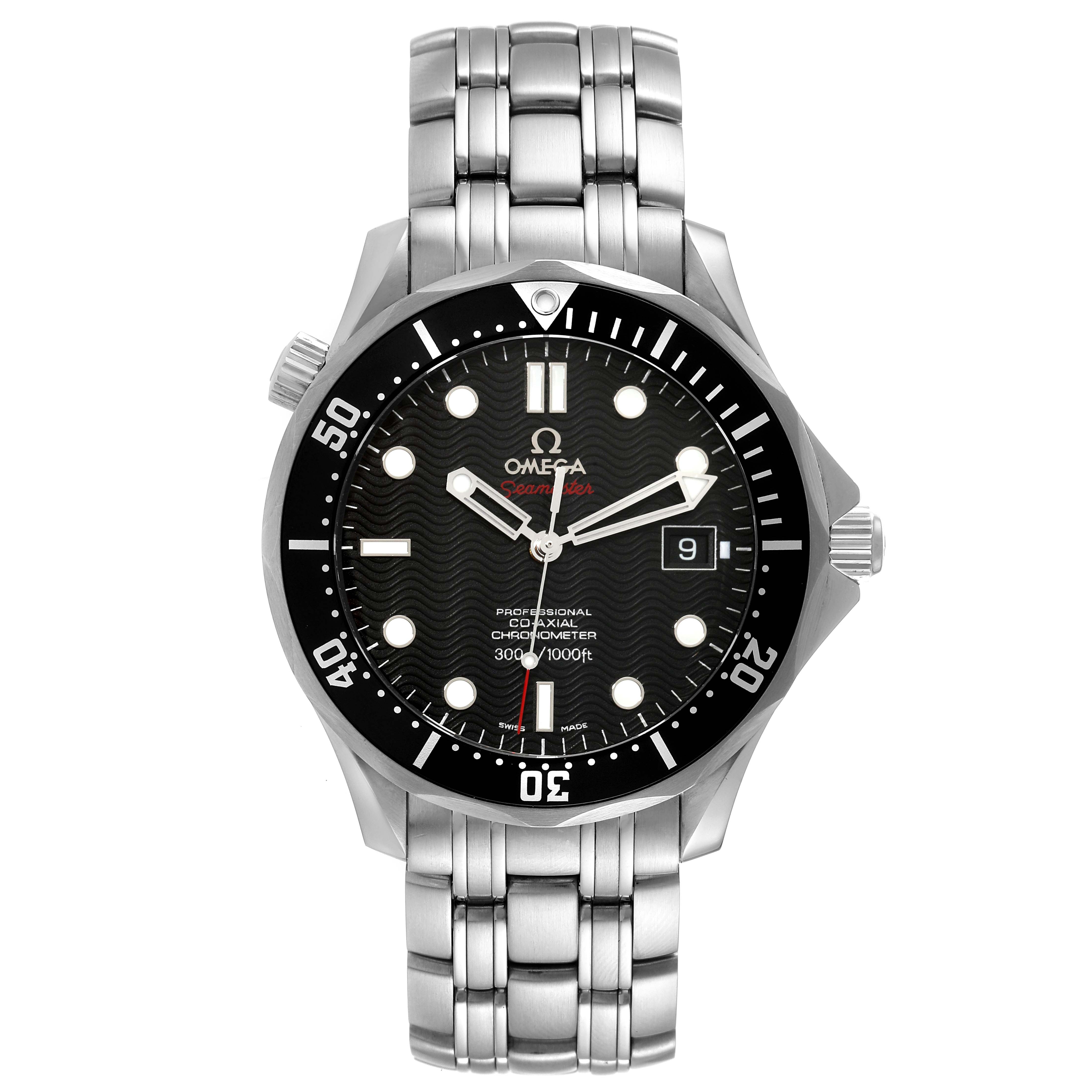 The image shows a front view of an Omega Seamaster 212.30.41.20.01.002 Men's Stainless Steel Black Dial 212.30.41.20.01.002 Men's Stainless Steel Black Dial watch with a metallic bracelet and black dial.