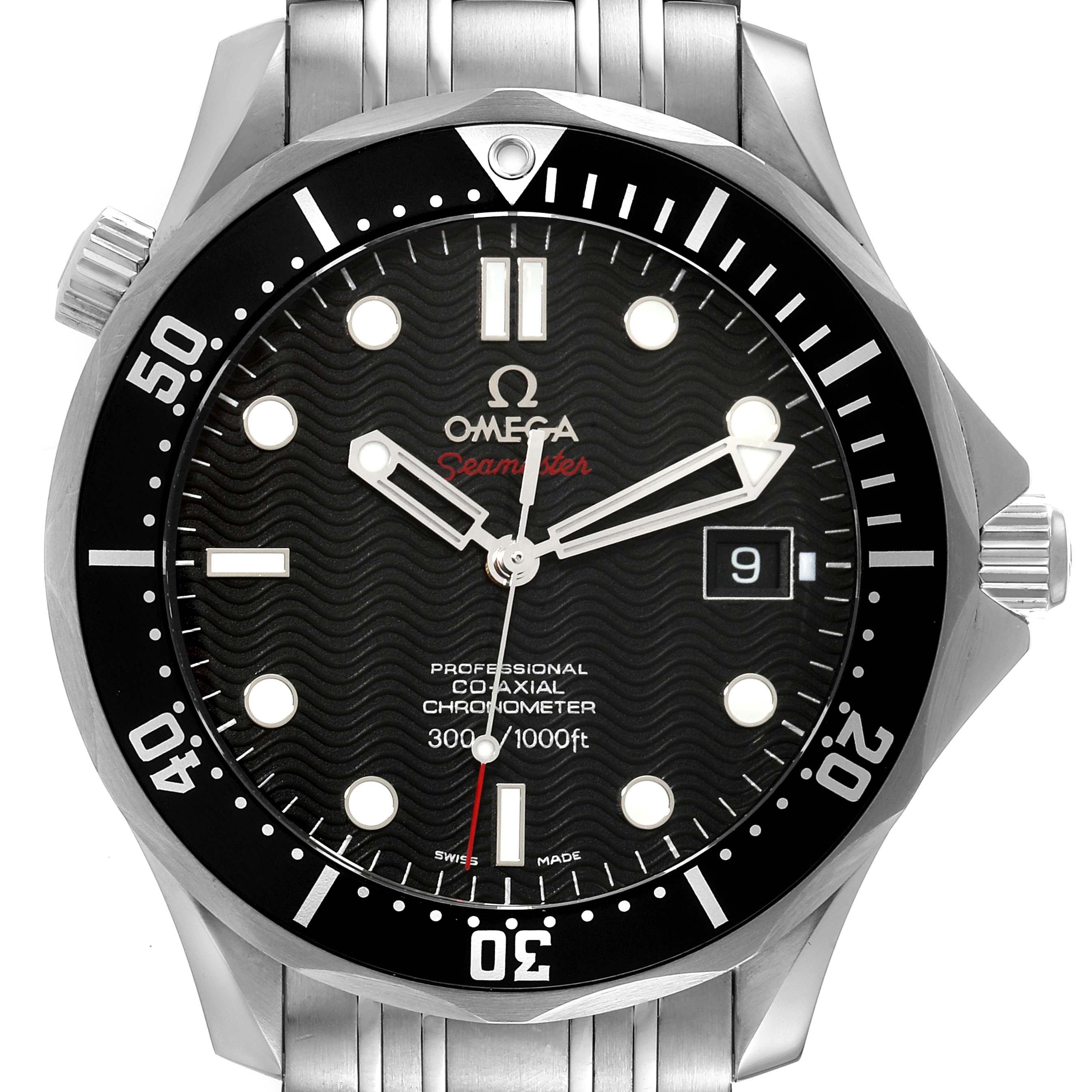 The image shows a front view of the Omega Seamaster 212.30.41.20.01.002 Men's Stainless Steel Black Dial 212.30.41.20.01.002 Men's Stainless Steel Black Dial watch, highlighting its dial, bezel, hands, and bracelet.