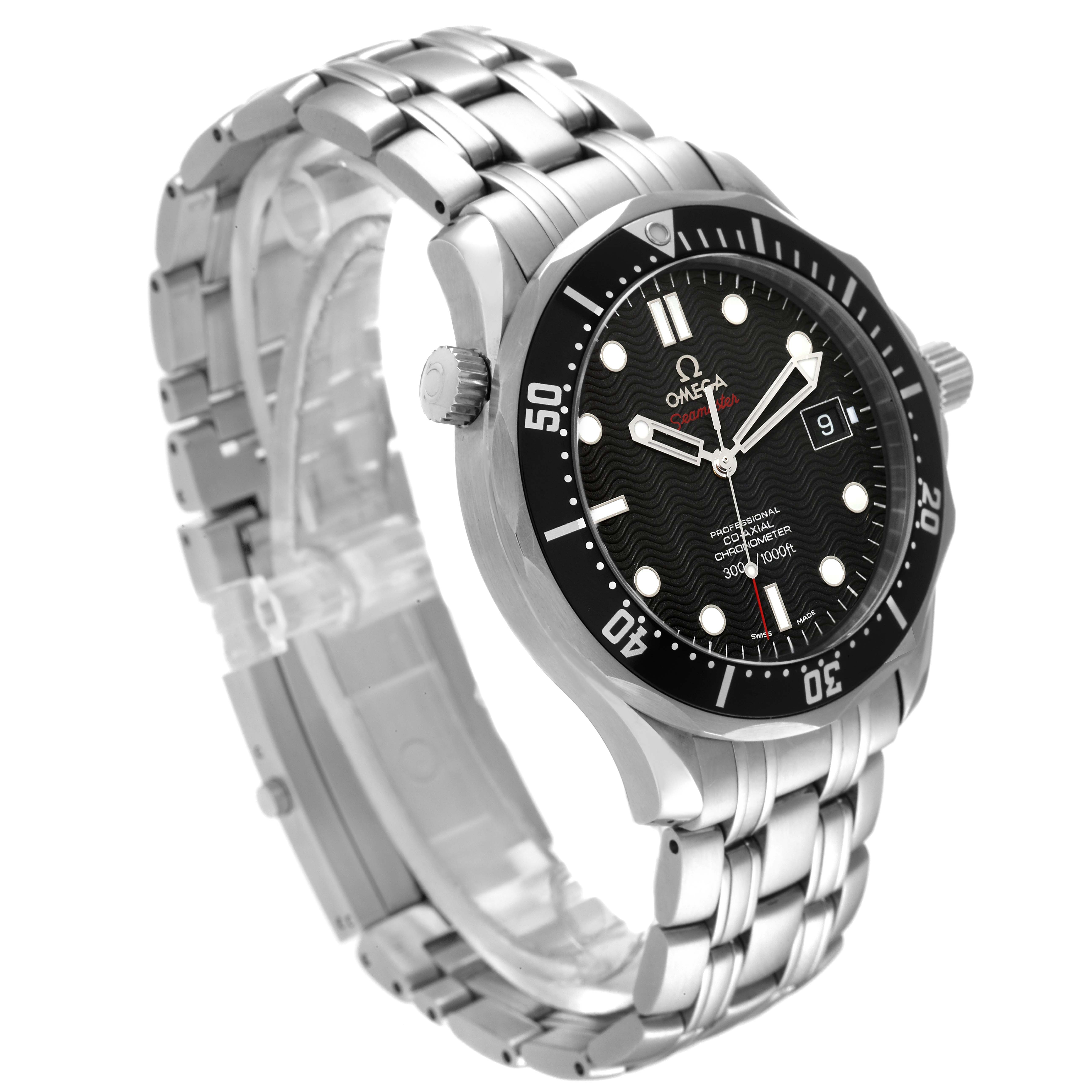 The Omega Seamaster 212.30.41.20.01.002 Men's Stainless Steel Black Dial 212.30.41.20.01.002 Men's Stainless Steel Black Dial watch is shown at an oblique angle, highlighting the face, bezel, and stainless steel bracelet.