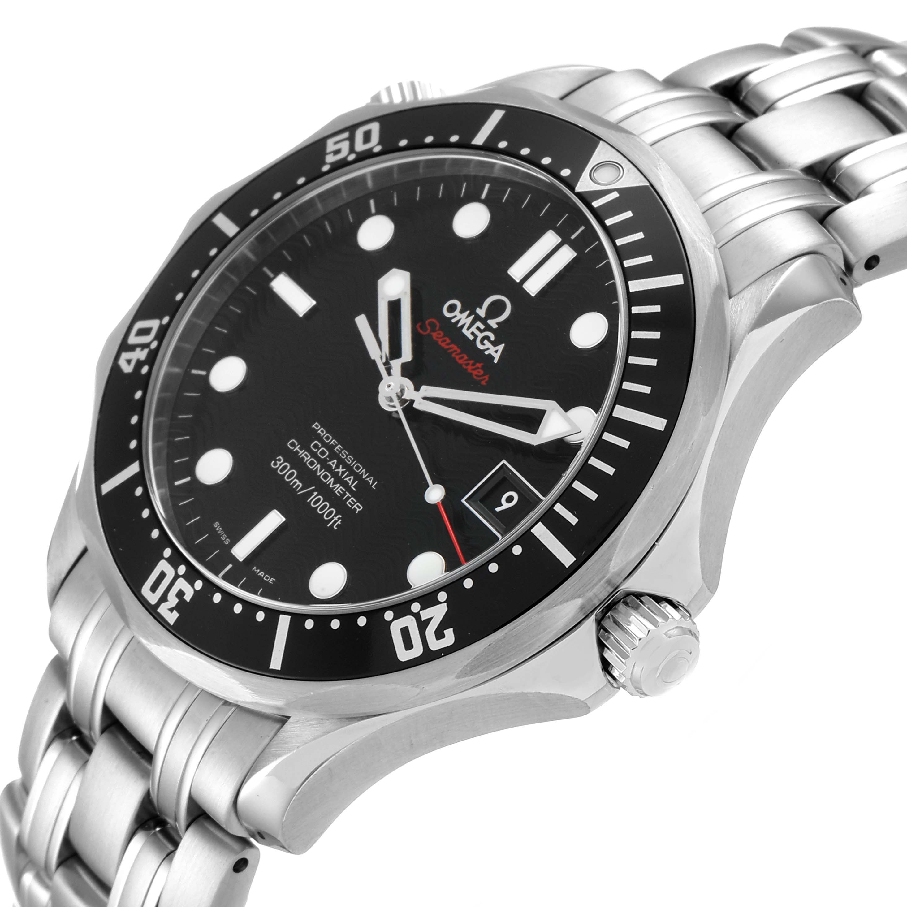 This image shows a side angle of the Omega Seamaster 212.30.41.20.01.002 Men
s Stainless Steel Black Dial 212.30.41.20.01.002 Men
s Stainless Steel Black Dial watch, highlighting its black dial, bezel, and stainless steel bracelet.