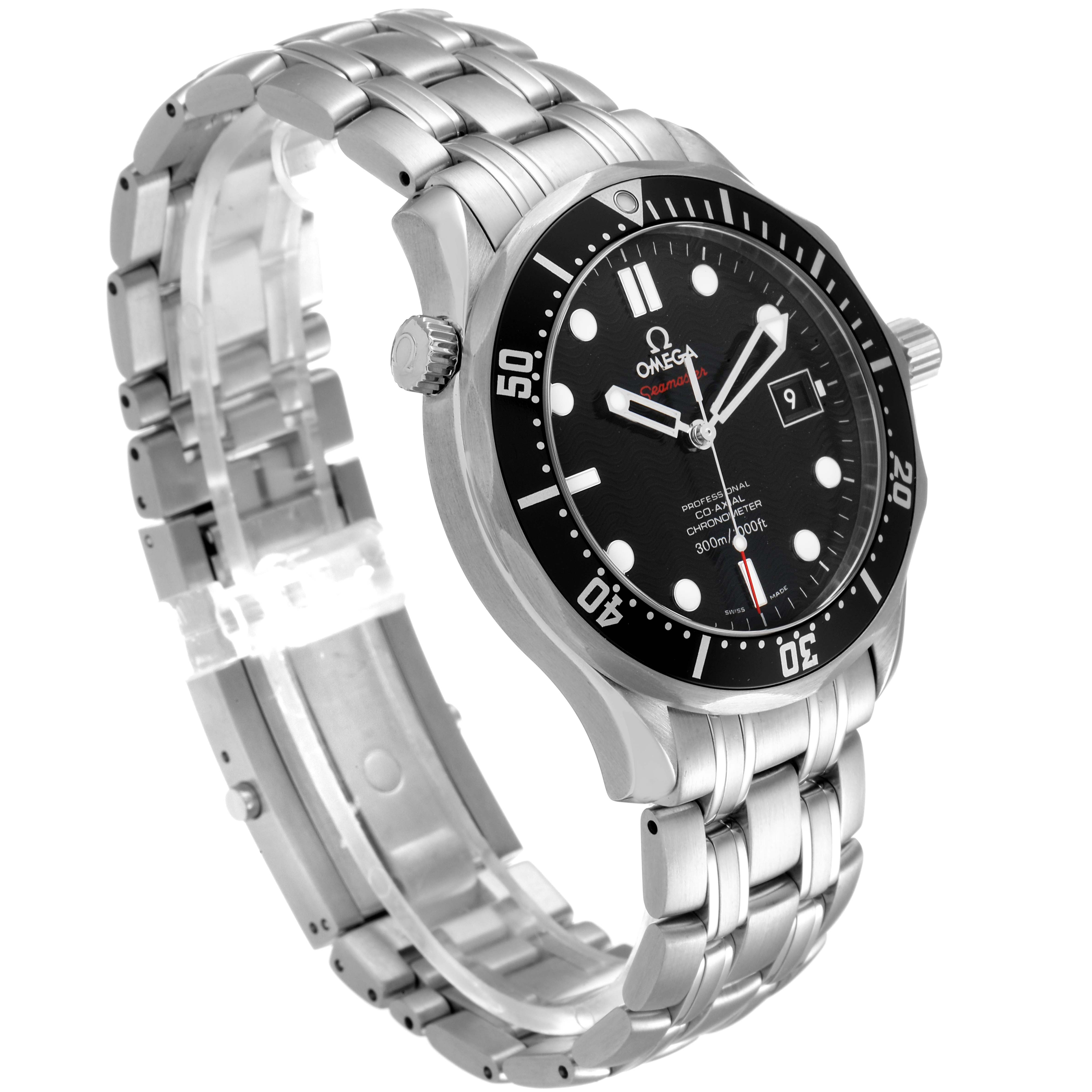 The Omega Seamaster 212.30.41.20.01.002 Men
s Stainless Steel Black Dial 212.30.41.20.01.002 Men
s Stainless Steel Black Dial watch is shown at an oblique angle featuring the dial, bezel, crown, and stainless steel bracelet.