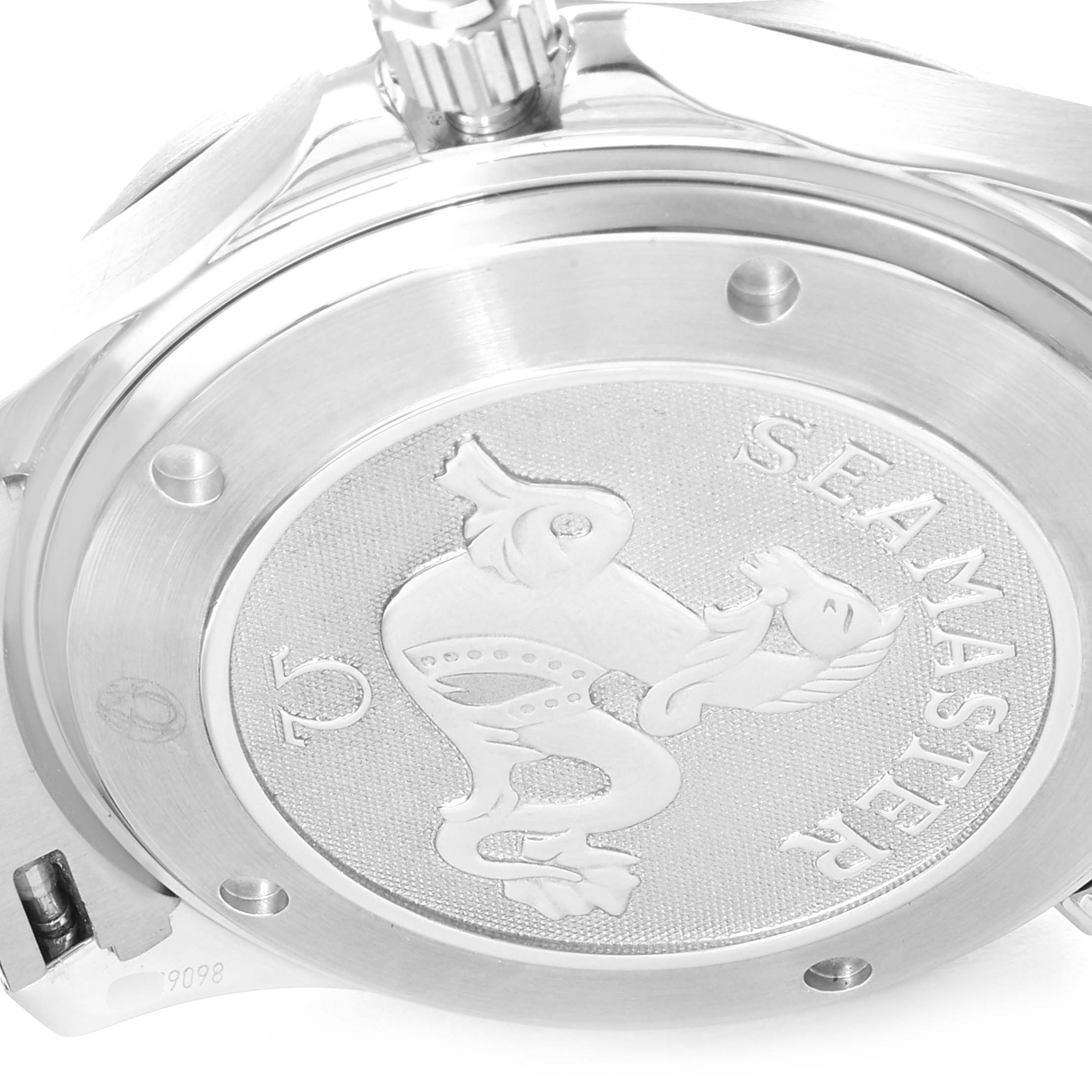 The image shows the back case of an Omega Seamaster 212.30.41.20.01.002 Men
s Stainless Steel Black Dial 212.30.41.20.01.002 Men
s Stainless Steel Black Dial watch, highlighting its detailed engraving and logo.