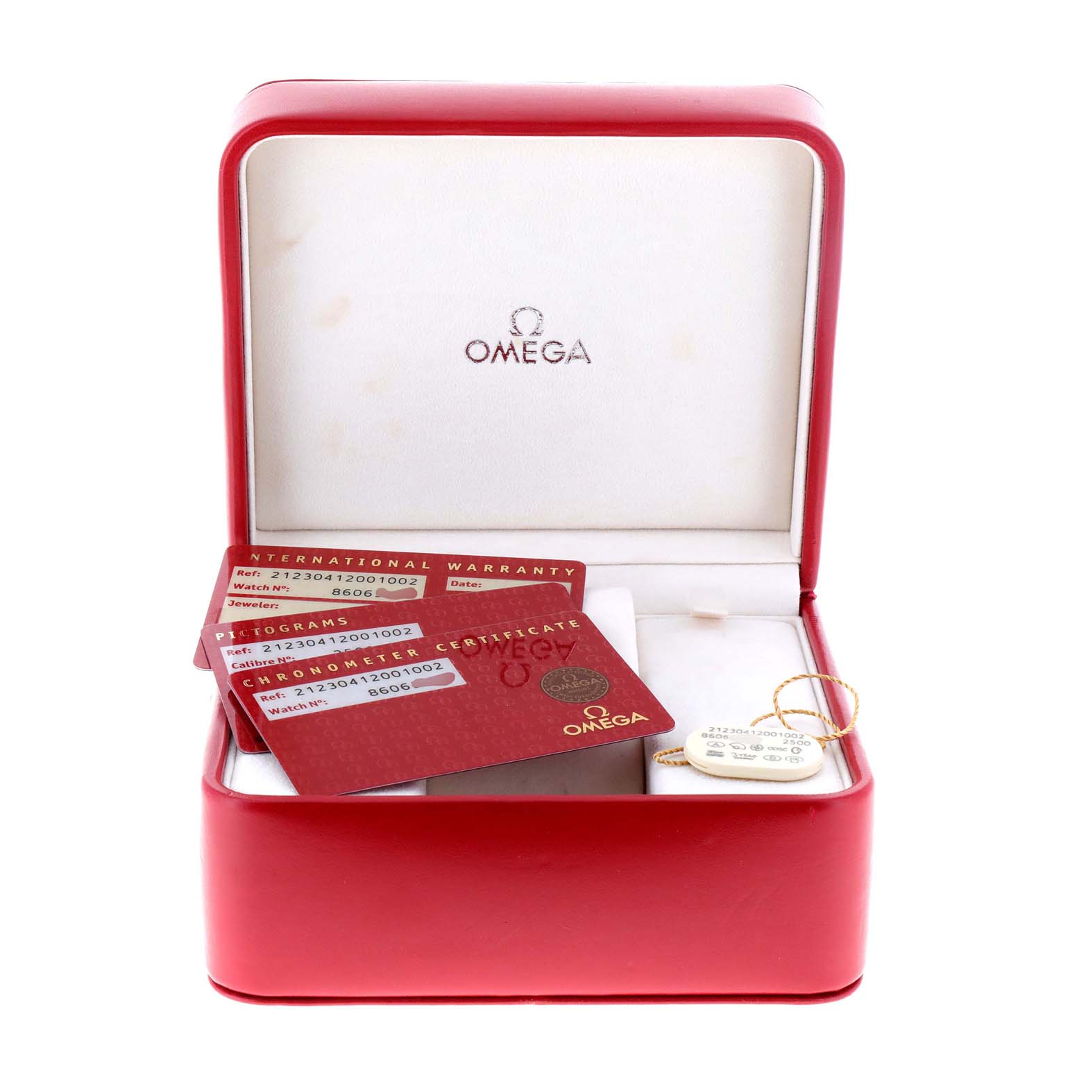 This image shows an open red Omega watch box containing warranty cards for the Omega Seamaster 212.30.41.20.01.002 Men
s Stainless Steel Black Dial 212.30.41.20.01.002 Men
s Stainless Steel Black Dial model.