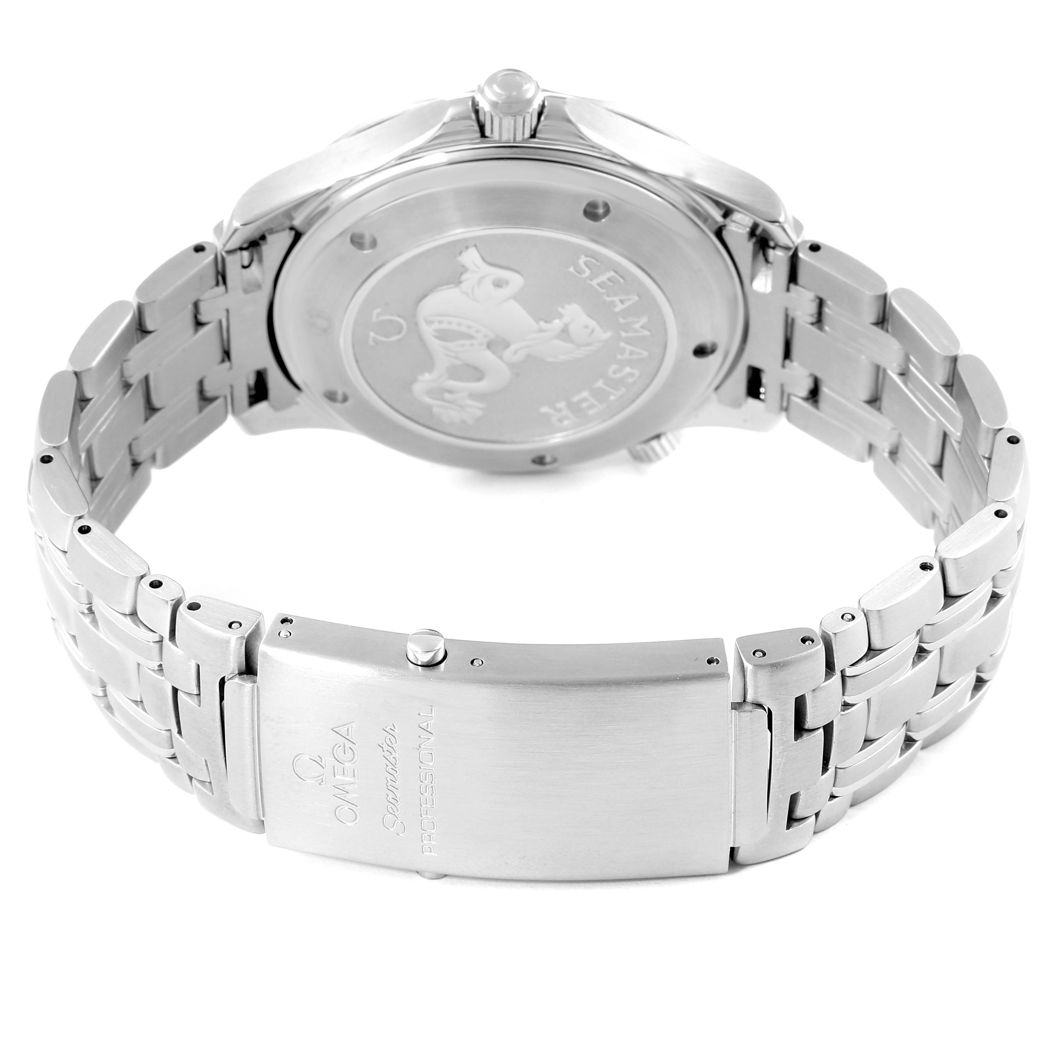 The image shows the Omega Seamaster 212.30.41.20.01.002 Men
s Stainless Steel Black Dial 212.30.41.20.01.002 Men
s Stainless Steel Black Dial watch from the rear, focusing on the case back and bracelet clasp.