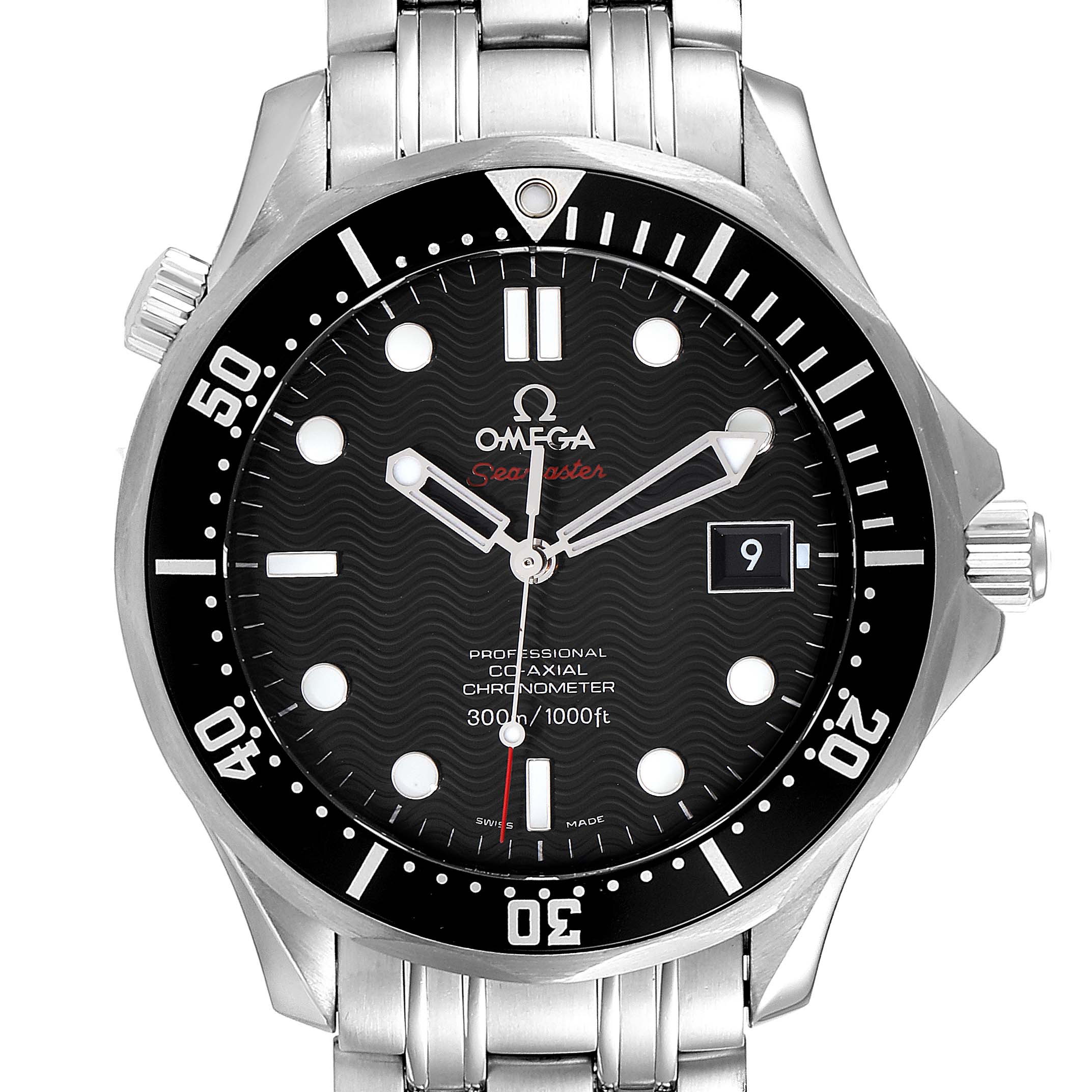 The image shows a frontal view of the Omega Seamaster 212.30.41.20.01.002 Men
s Stainless Steel Black Dial 212.30.41.20.01.002 Men
s Stainless Steel Black Dial watch, highlighting the dial, bezel, and part of the bracelet.