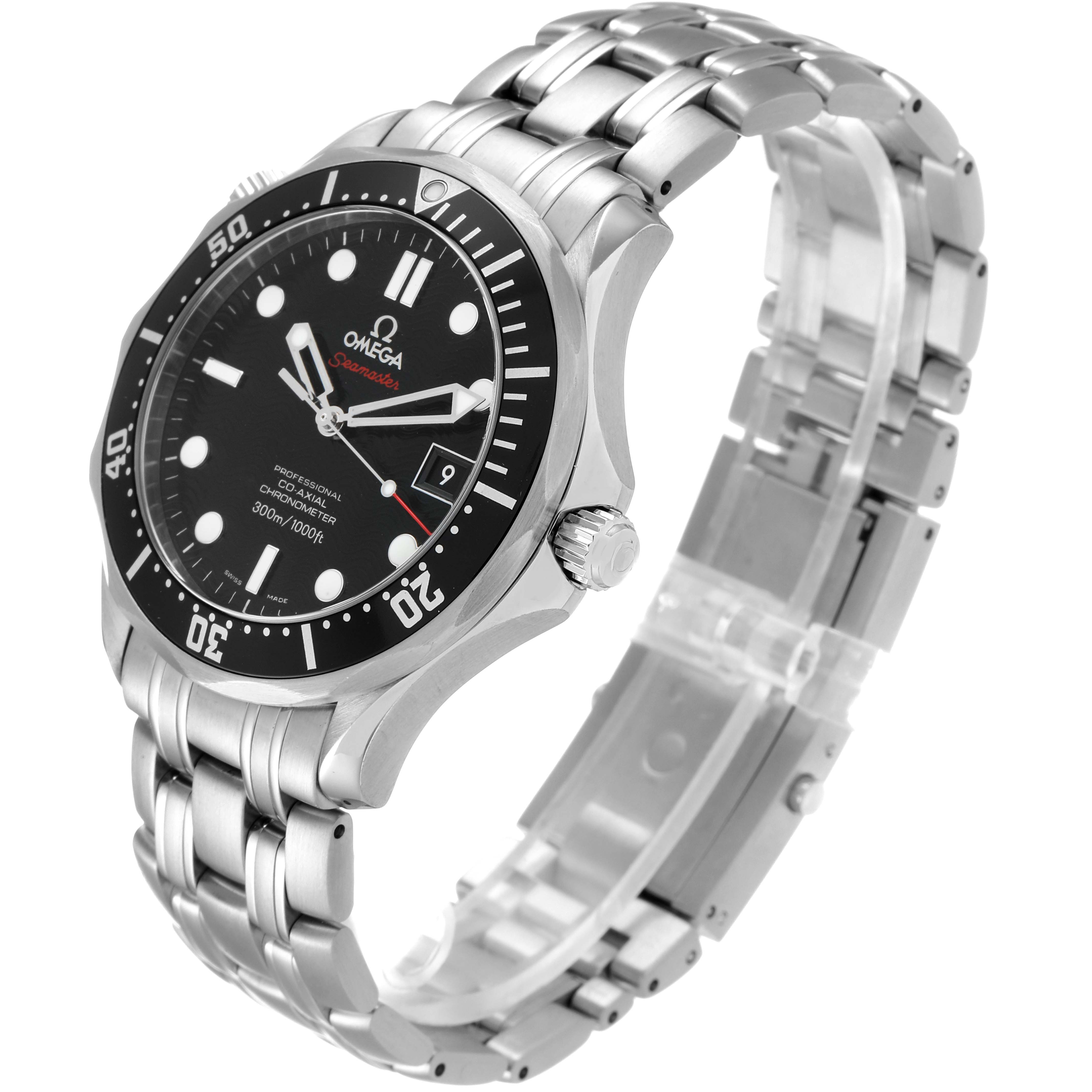 This image shows an Omega Seamaster 212.30.41.20.01.002 Men
s Stainless Steel Black Dial 212.30.41.20.01.002 Men
s Stainless Steel Black Dial watch at a slight diagonal angle highlighting its stainless steel bracelet and black dial.