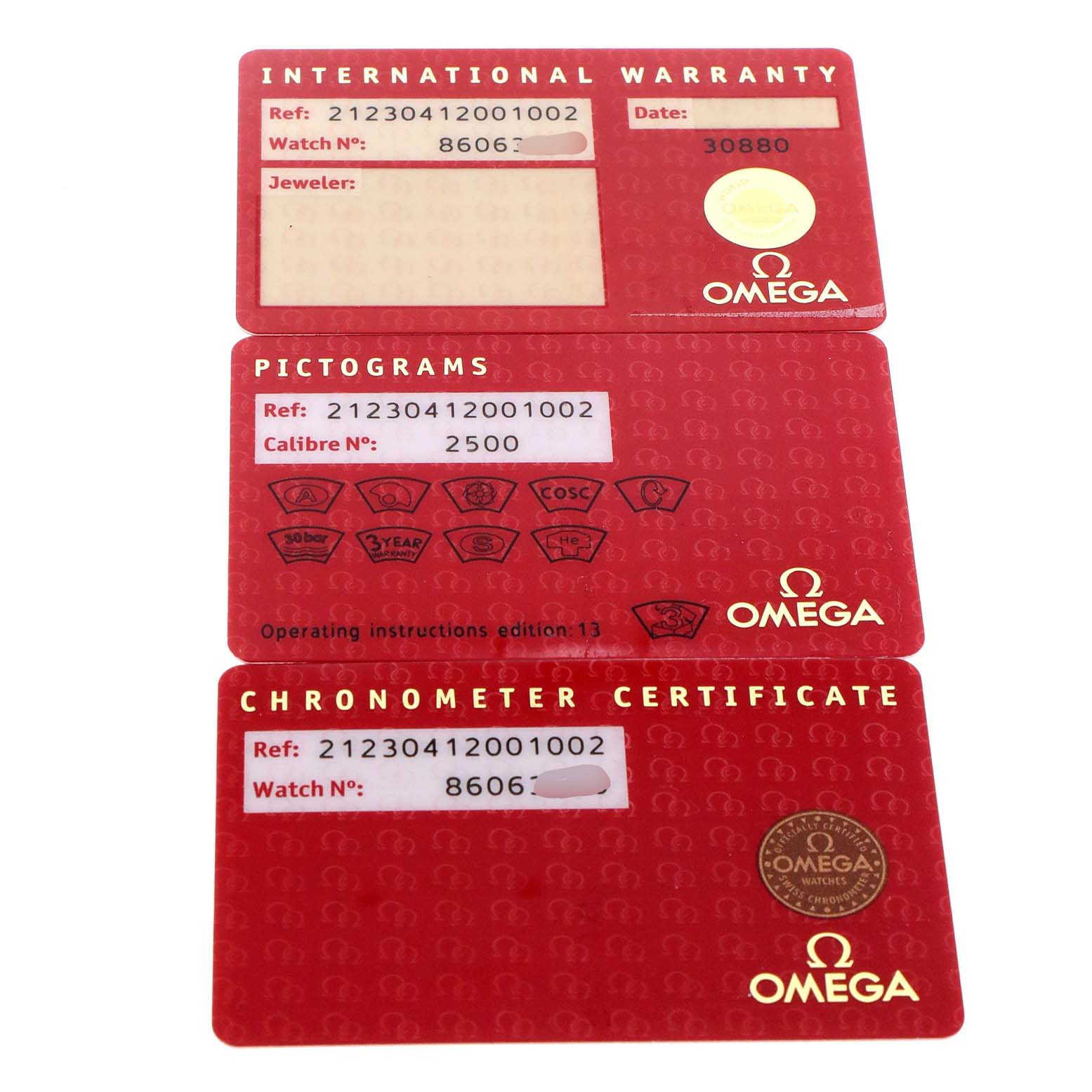 This image shows three Omega Seamaster 212.30.41.20.01.002 Men
s Stainless Steel Black Dial 212.30.41.20.01.002 Men
s Stainless Steel Black Dial cards: International Warranty, Pictograms, and Chronometer Certificate.