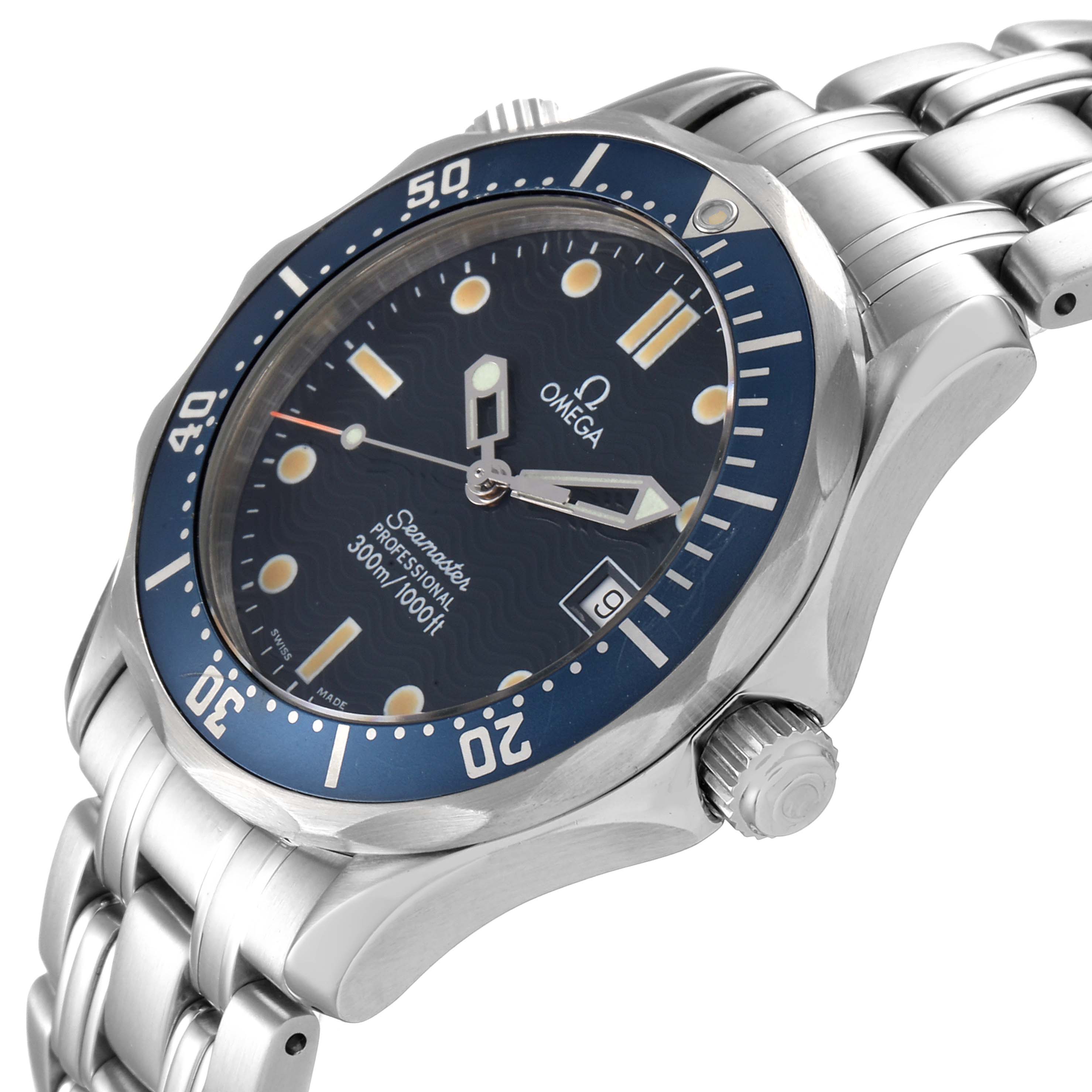 The image shows a side angle of the Omega Seamaster 2561.80.00 Men
s Stainless Steel Blue Dial 2561.80.00 Men
s Stainless Steel Blue Dial watch, highlighting the crown, bezel, dial, and bracelet.