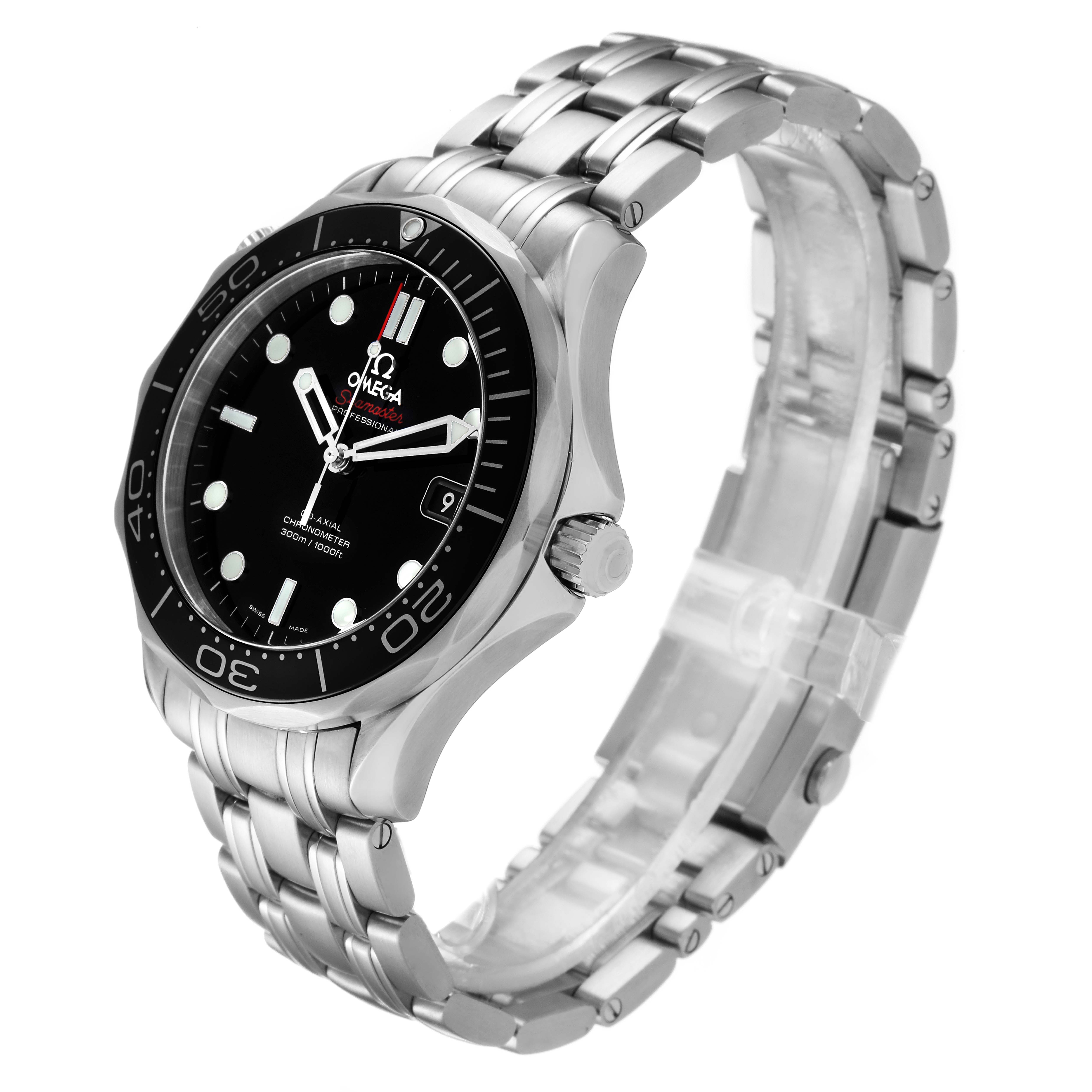 The Omega Seamaster 212.30.41.20.01.003 Men's Stainless Steel Black Dial 212.30.41.20.01.003 Men's Stainless Steel Black Dial watch is shown at a three-quarter angle, displaying its face, bezel, bracelet, and crown.