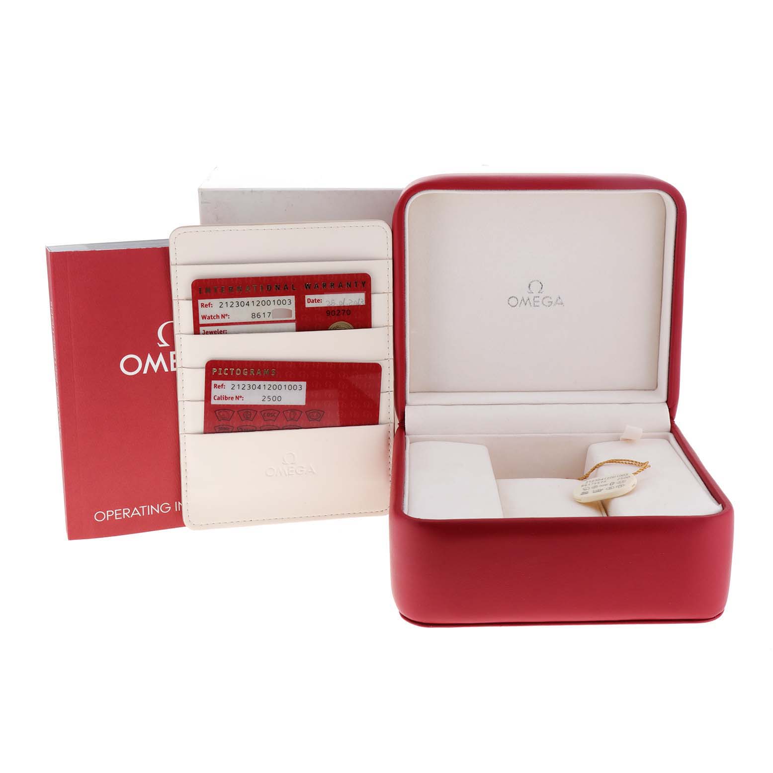 The image shows an Omega Seamaster 212.30.41.20.01.003 Men's Stainless Steel Black Dial 212.30.41.20.01.003 Men's Stainless Steel Black Dial watch packaging, including a red box, warranty cards, and an operating instruction manual.