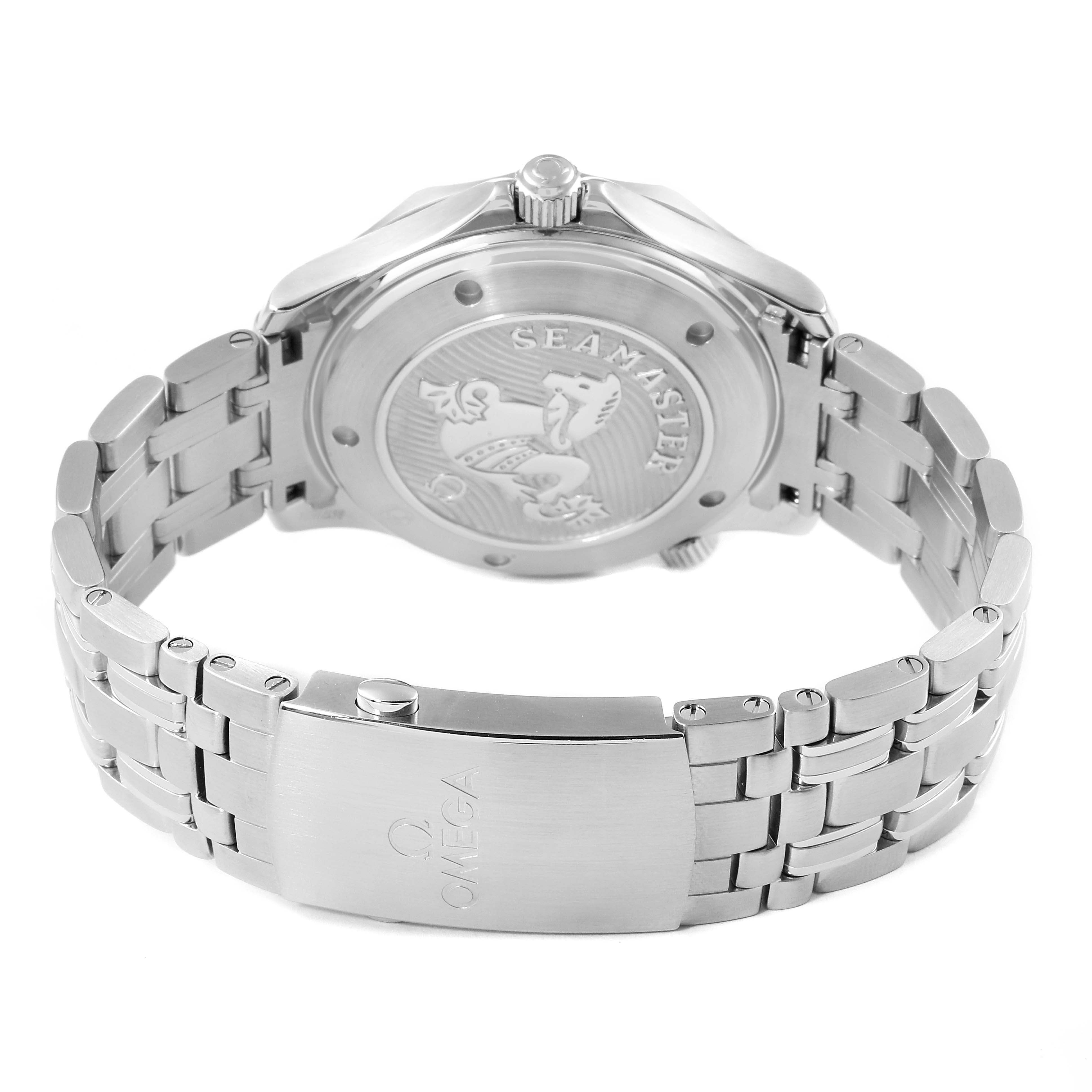 The image shows the back case and metal bracelet, including the clasp, of the Omega Seamaster 212.30.41.20.01.003 Men's Stainless Steel Black Dial 212.30.41.20.01.003 Men's Stainless Steel Black Dial watch.