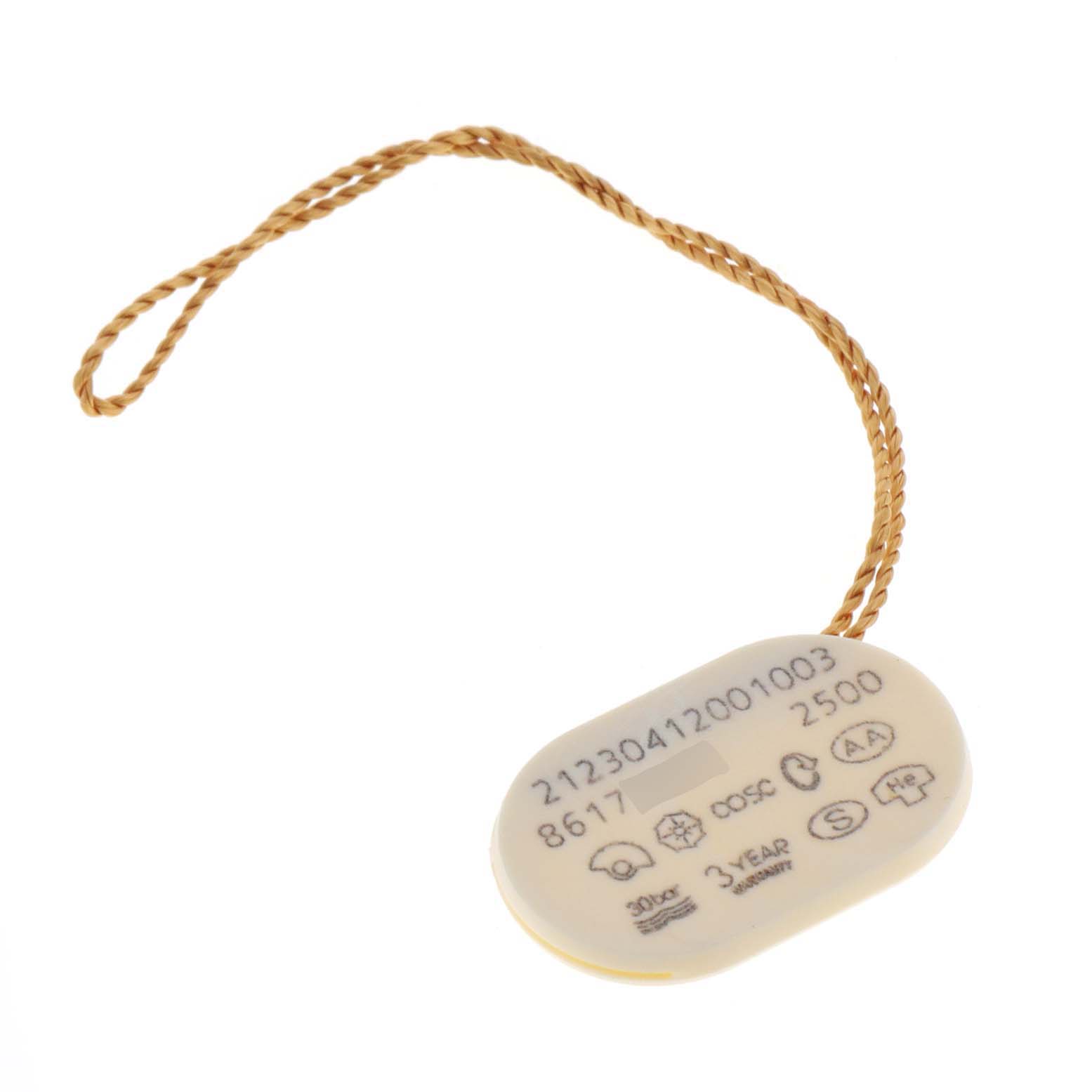 This image shows a certification tag for an Omega Seamaster 212.30.41.20.01.003 Men's Stainless Steel Black Dial 212.30.41.20.01.003 Men's Stainless Steel Black Dial watch, featuring various markings and a braided string.