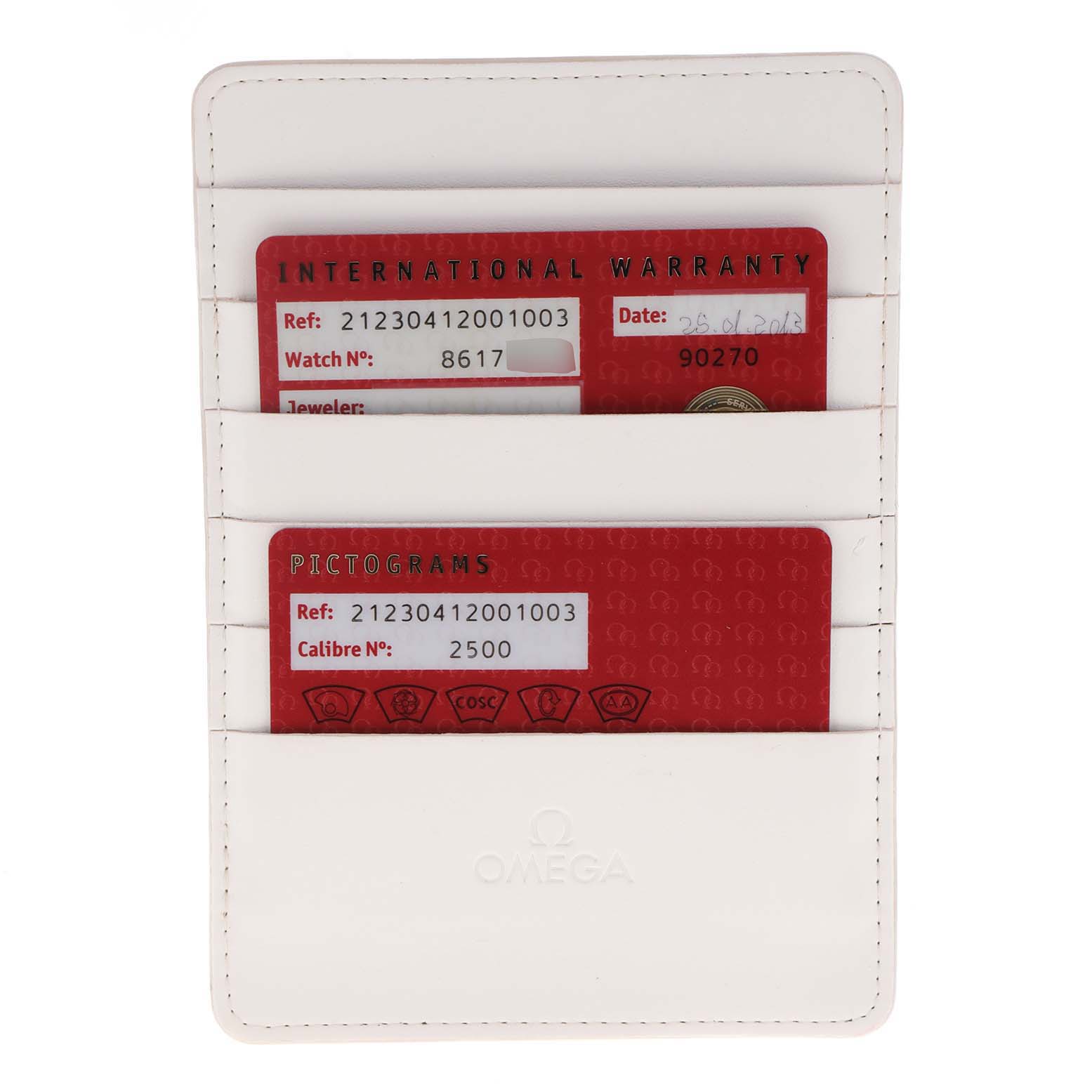 This image shows the international warranty and pictograms cards for an Omega Seamaster 212.30.41.20.01.003 Men's Stainless Steel Black Dial 212.30.41.20.01.003 Men's Stainless Steel Black Dial watch, stored in a white cardholder.