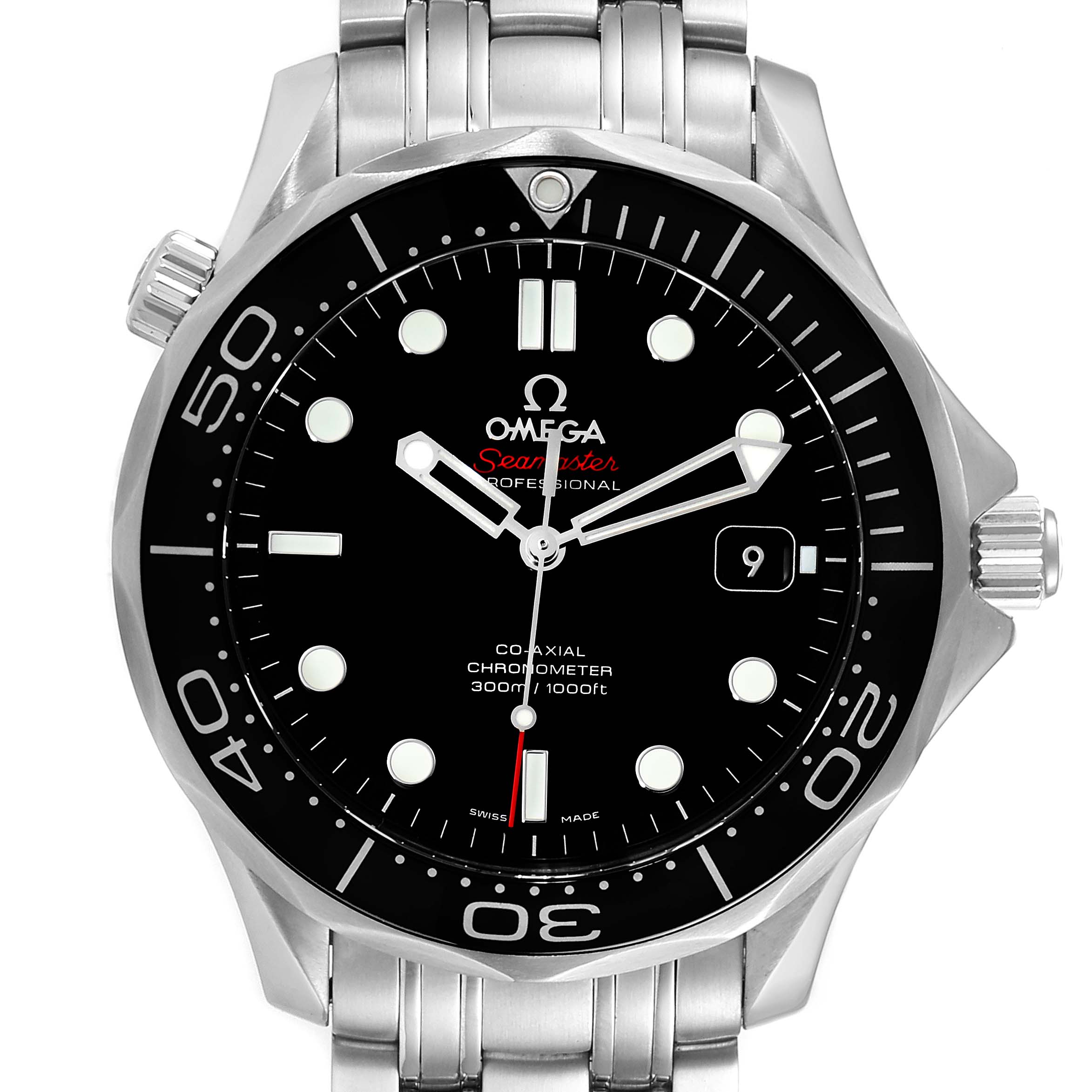 The image shows a frontal view of an Omega Seamaster 212.30.41.20.01.003 Men's Stainless Steel Black Dial 212.30.41.20.01.003 Men's Stainless Steel Black Dial watch, displaying the dial, bezel, crown, and part of the metal bracelet.