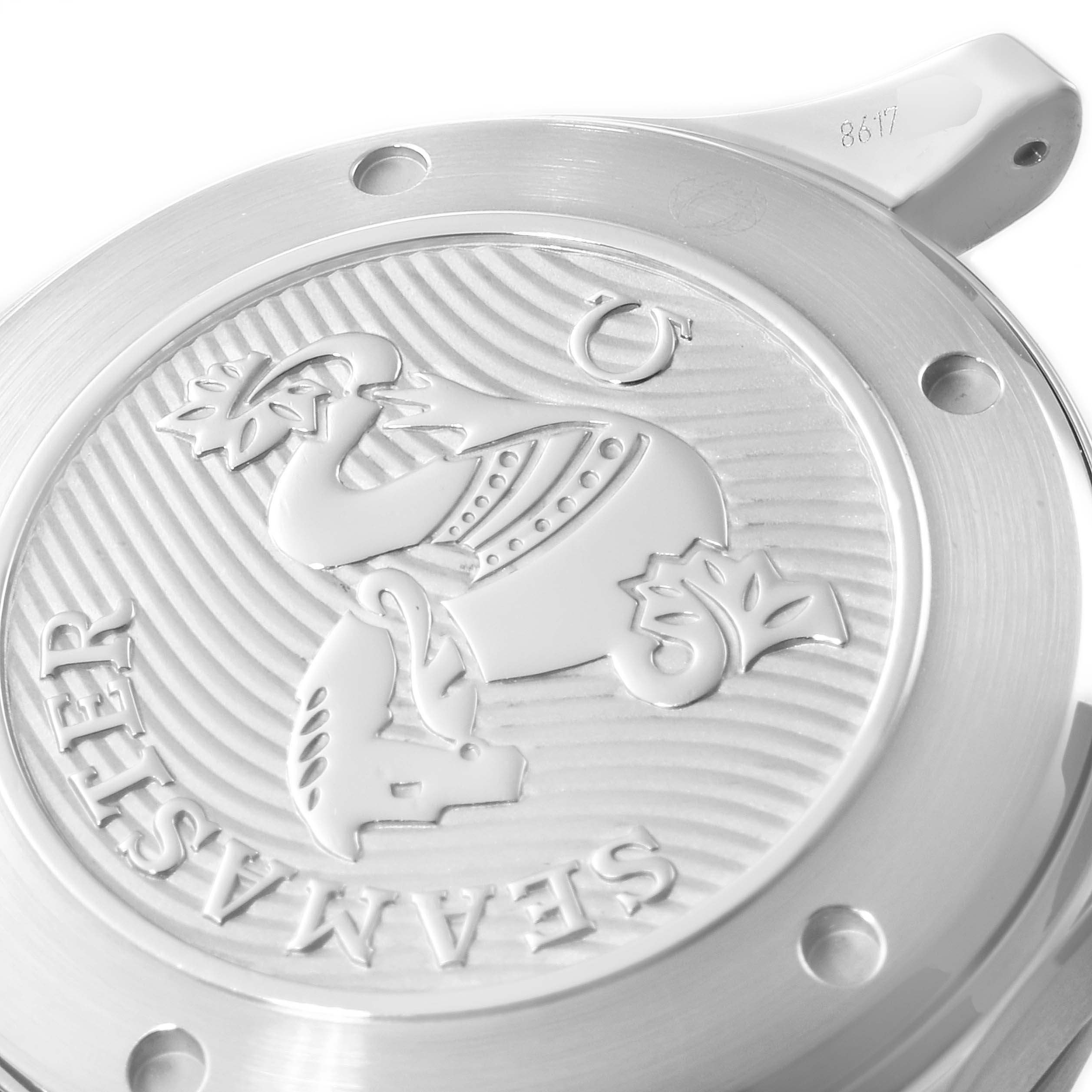 This image depicts the case back of an Omega Seamaster 212.30.41.20.01.003 Men's Stainless Steel Black Dial 212.30.41.20.01.003 Men's Stainless Steel Black Dial watch, shown from a close-up angle.