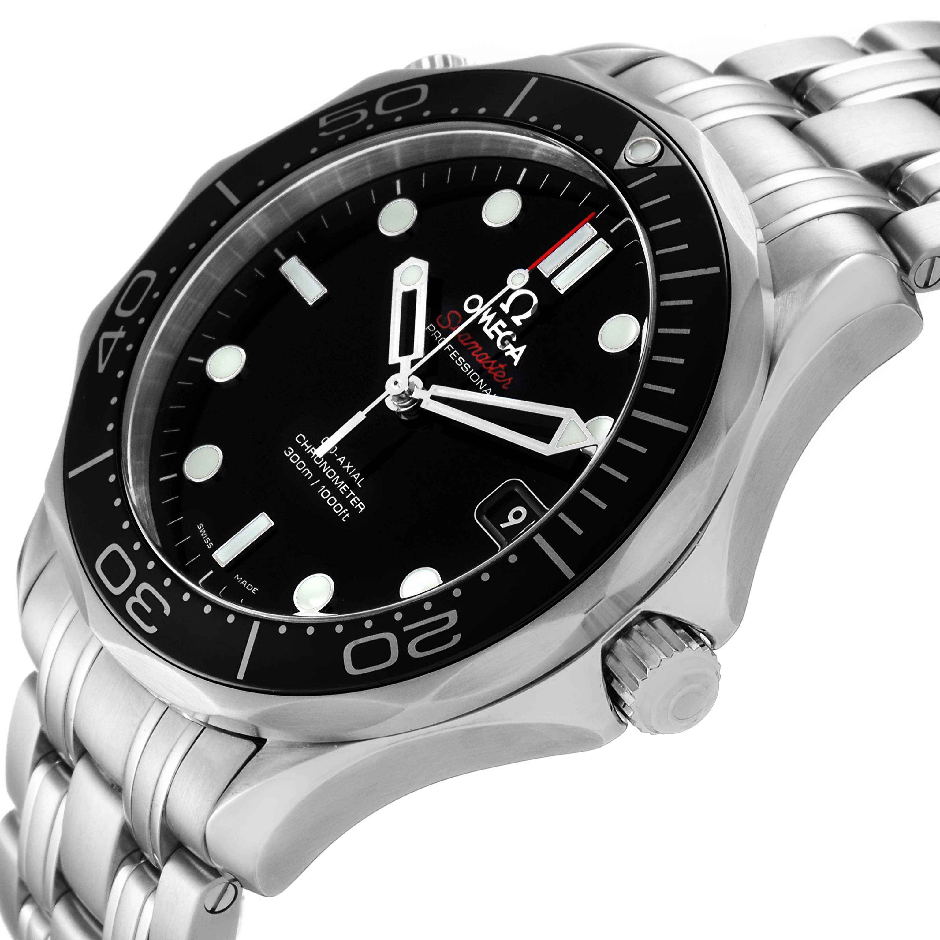 The image shows the Omega Seamaster 212.30.41.20.01.003 Men's Stainless Steel Black Dial 212.30.41.20.01.003 Men's Stainless Steel Black Dial watch at an angled close-up, highlighting the bezel, dial, crown, and part of the bracelet.