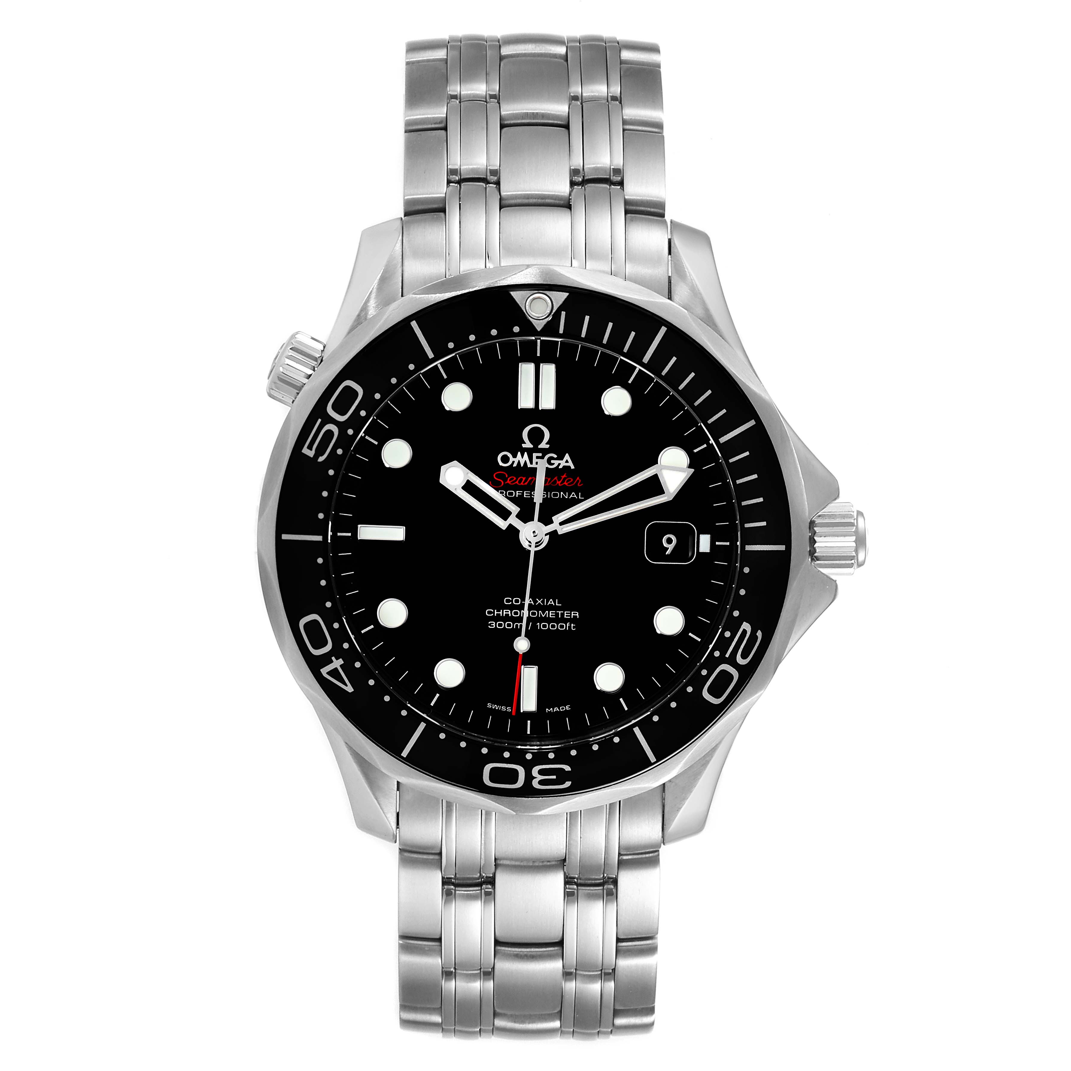 The Omega Seamaster 212.30.41.20.01.003 Men's Stainless Steel Black Dial 212.30.41.20.01.003 Men's Stainless Steel Black Dial watch is shown from a straight-on angle, displaying its dial, bezel, bracelet, and crown.