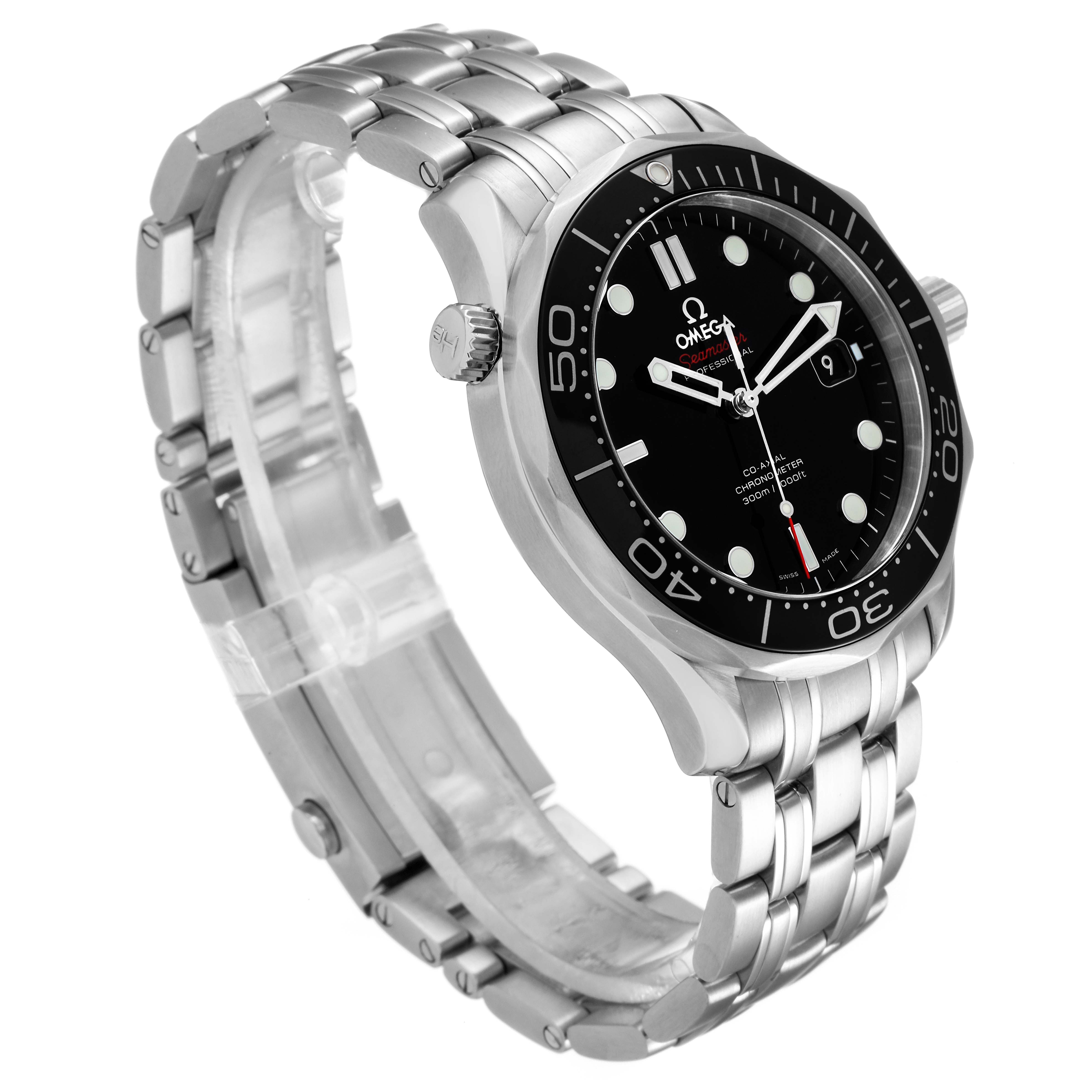 The image shows a side view of the Omega Seamaster 212.30.41.20.01.003 Men's Stainless Steel Black Dial 212.30.41.20.01.003 Men's Stainless Steel Black Dial watch, highlighting the bezel, dial, crown, and bracelet.