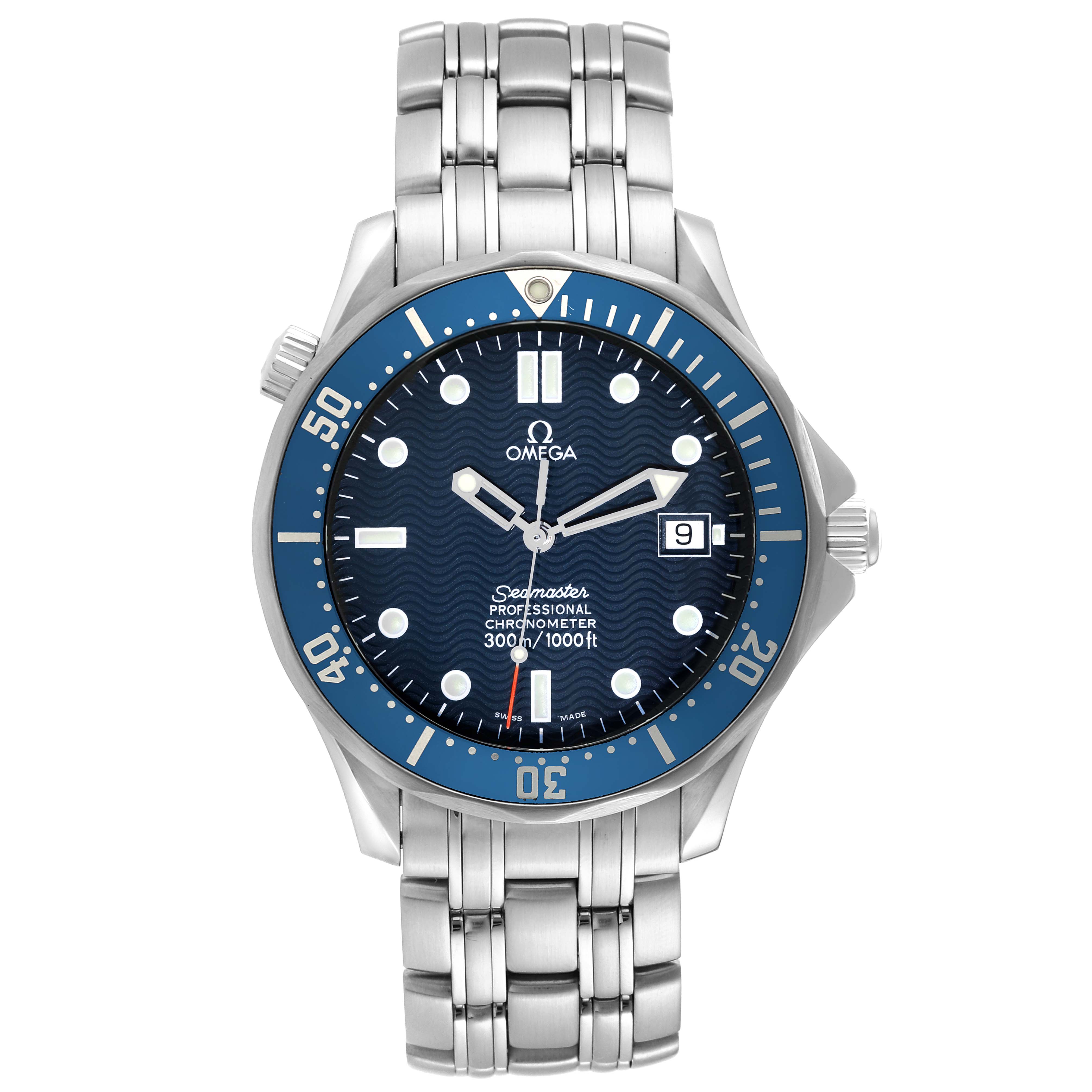 The Omega Seamaster 2531.80.00 Men
s Stainless Steel Blue Dial 2531.80.00 Men
s Stainless Steel Blue Dial watch is shown from a top view, displaying its face, bezel, crown, and bracelet.