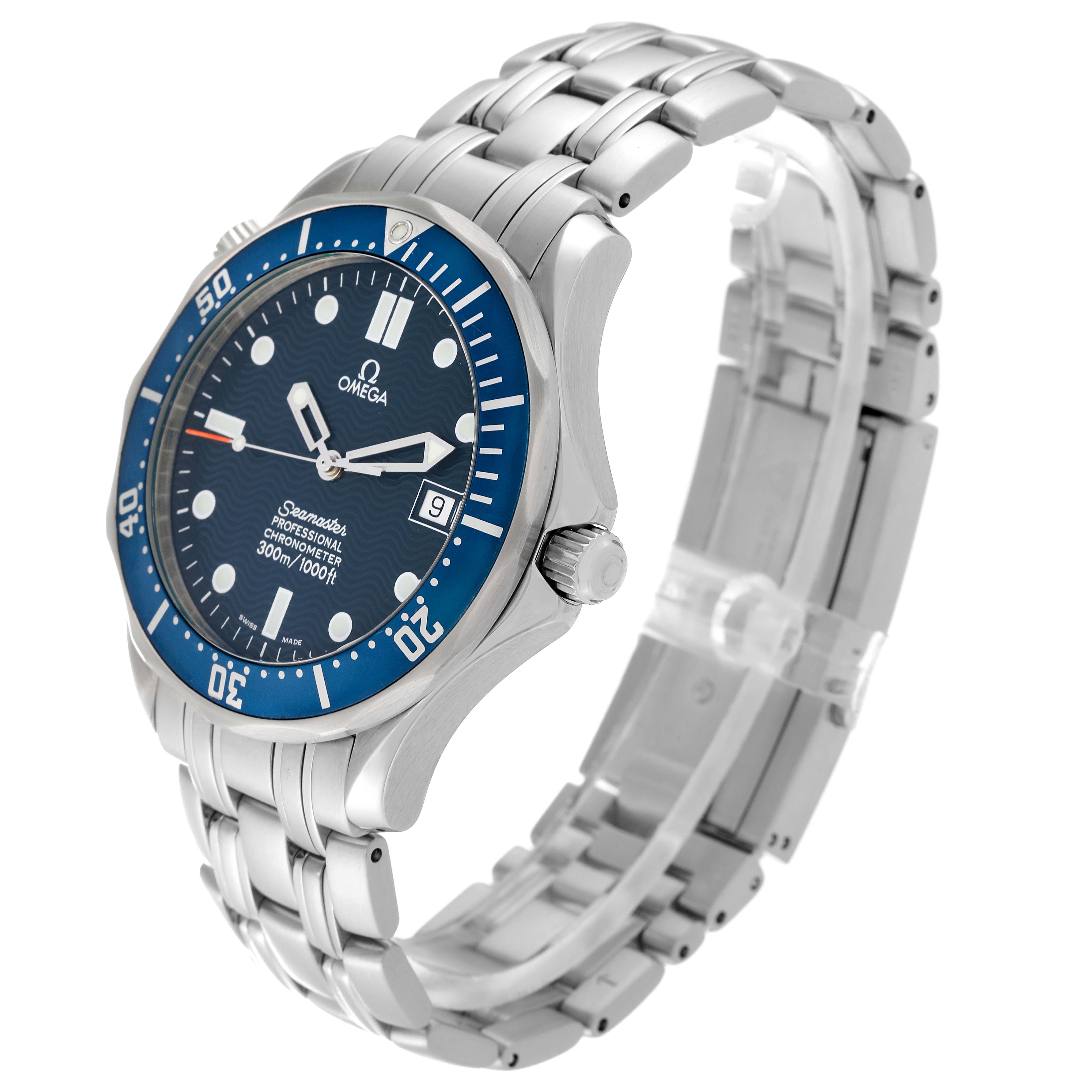 This image shows an Omega Seamaster 2531.80.00 Men
s Stainless Steel Blue Dial 2531.80.00 Men
s Stainless Steel Blue Dial watch, angled to highlight its blue dial, bezel, crown, and stainless steel bracelet.
