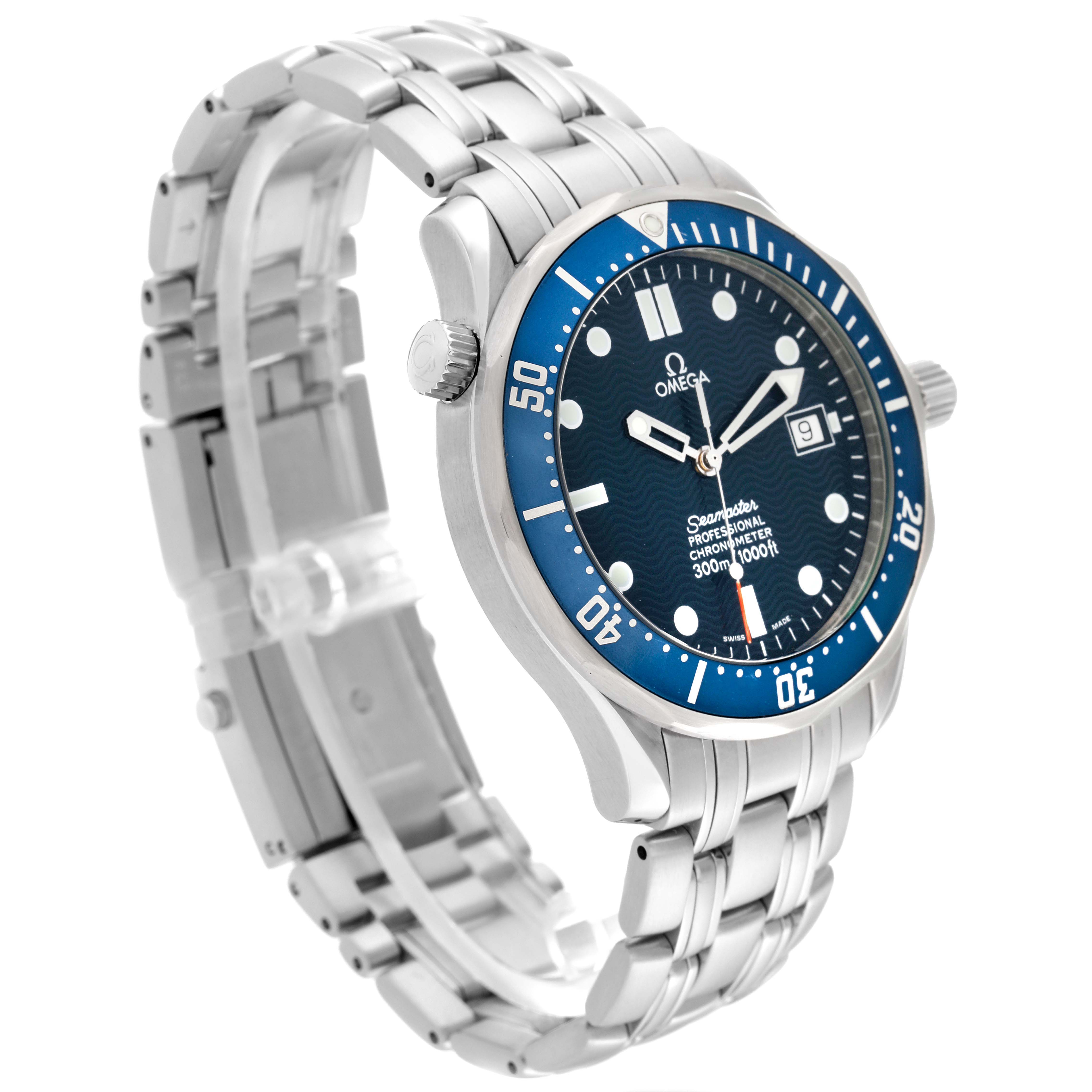 The Omega Seamaster 2531.80.00 Men
s Stainless Steel Blue Dial 2531.80.00 Men
s Stainless Steel Blue Dial watch is shown at a three-quarter view, highlighting the face, bezel, case, and stainless steel bracelet.
