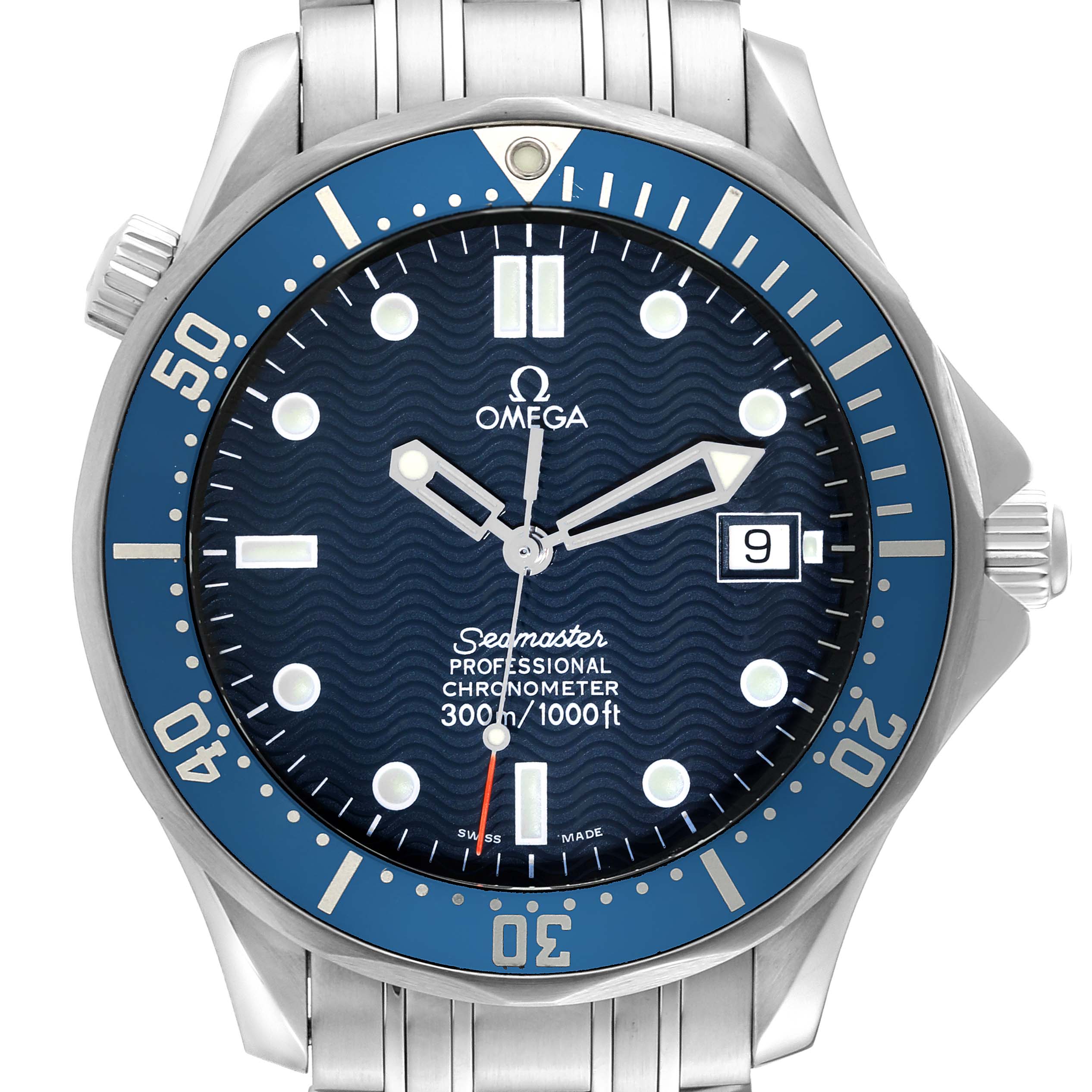 The image shows a frontal view of an Omega Seamaster 2531.80.00 Men
s Stainless Steel Blue Dial 2531.80.00 Men
s Stainless Steel Blue Dial watch, showcasing the dial, bezel, date window, and part of the stainless steel bracelet.