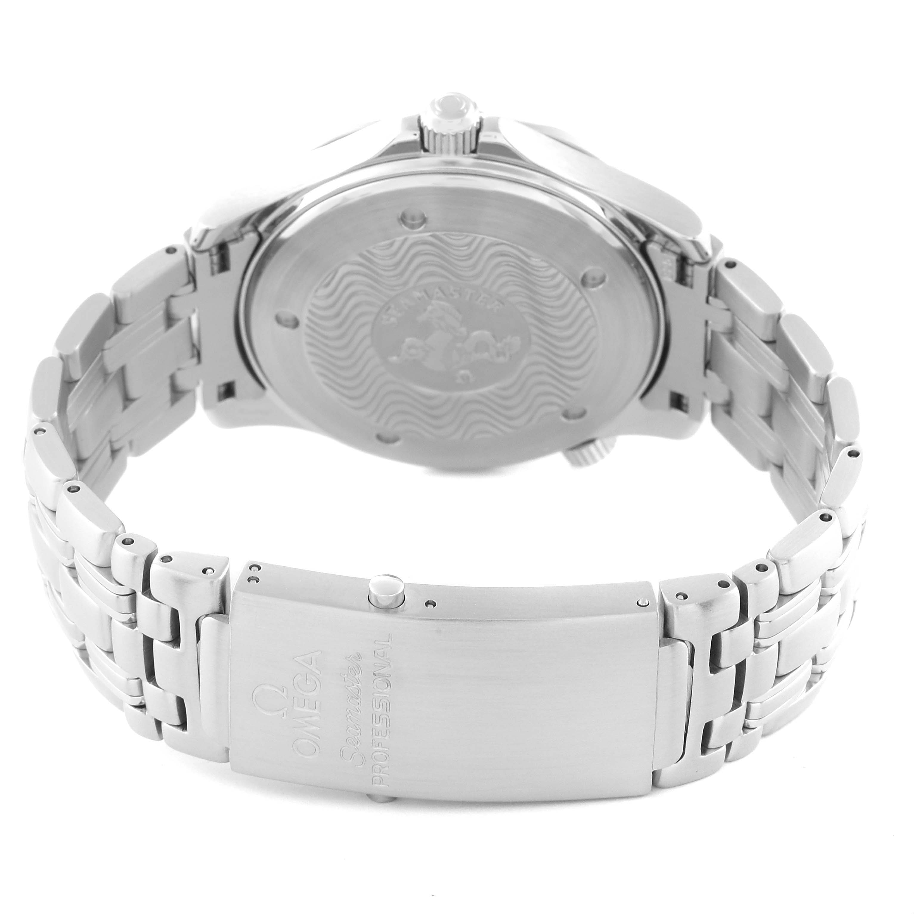 The image shows the back view of an Omega Seamaster 2531.80.00 Men
s Stainless Steel Blue Dial 2531.80.00 Men
s Stainless Steel Blue Dial watch, highlighting the case back and metal bracelet with clasp.