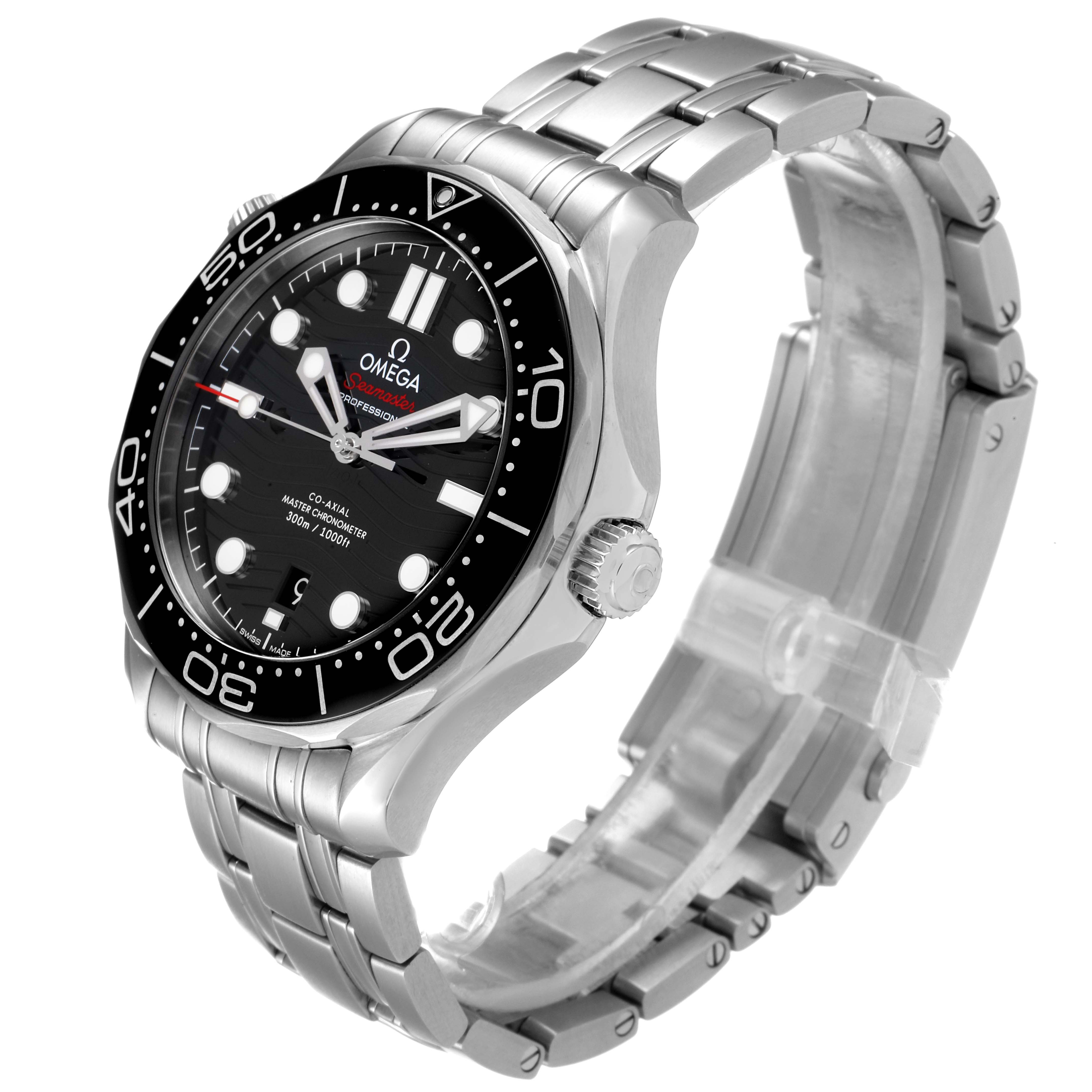 The watch, an Omega Seamaster 210.30.42.20.01.001 Men's Stainless Steel Black Dial 210.30.42.20.01.001 Men's Stainless Steel Black Dial model, is shown at a three-quarter angle displaying the bracelet, bezel, dial, and crown.