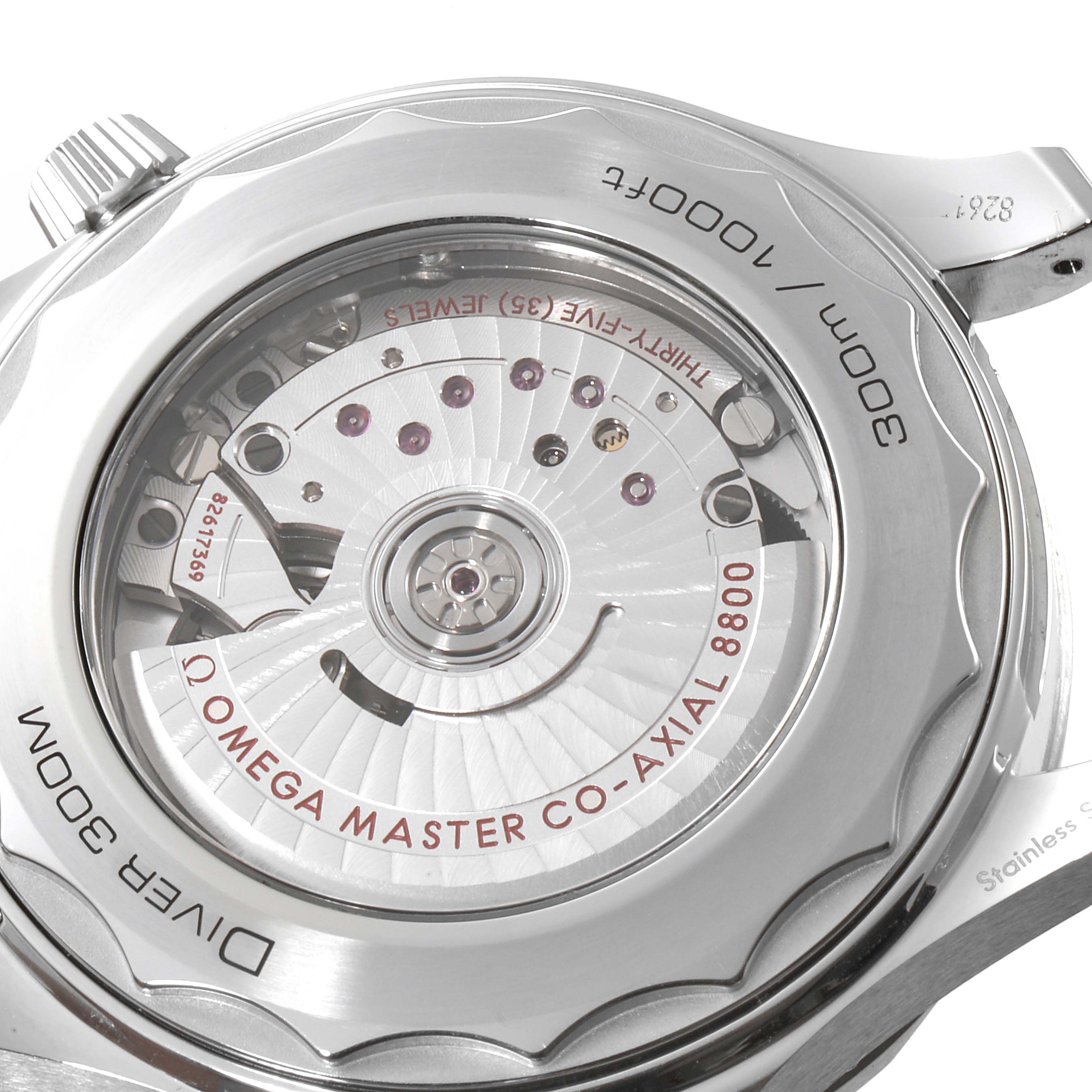 The image shows the back view of the Omega Seamaster 210.30.42.20.01.001 Men's Stainless Steel Black Dial 210.30.42.20.01.001 Men's Stainless Steel Black Dial watch, highlighting the Co-Axial 8800 movement and its intricate components.