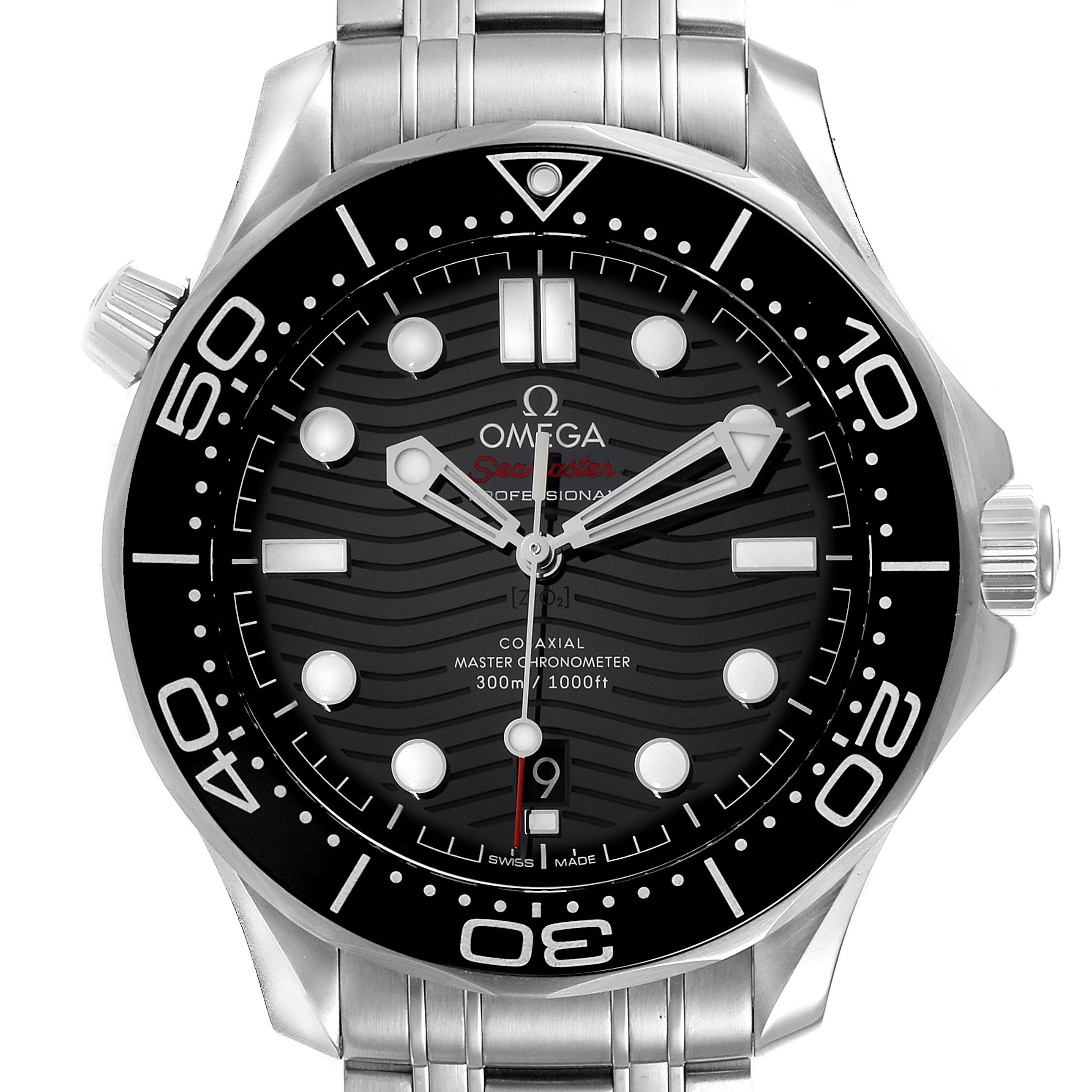 This image shows a frontal view of the Omega Seamaster 210.30.42.20.01.001 Men's Stainless Steel Black Dial 210.30.42.20.01.001 Men's Stainless Steel Black Dial watch, highlighting the bezel, dial, and stainless steel bracelet.