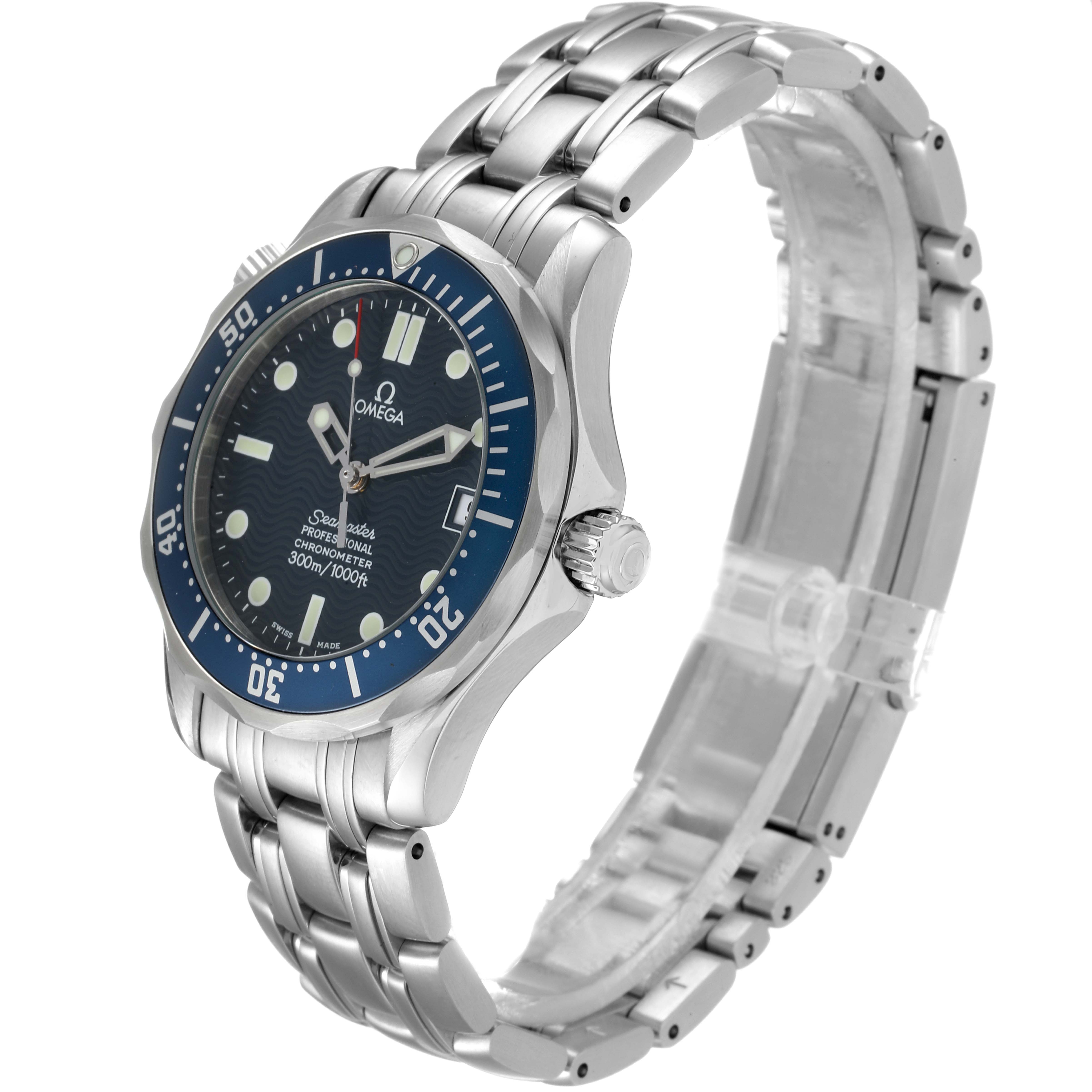 The Omega Seamaster 2551.80.00 Men
s Stainless Steel Blue Dial 2551.80.00 Men
s Stainless Steel Blue Dial watch is shown at an angle highlighting its face, bezel, crown, and stainless steel bracelet.