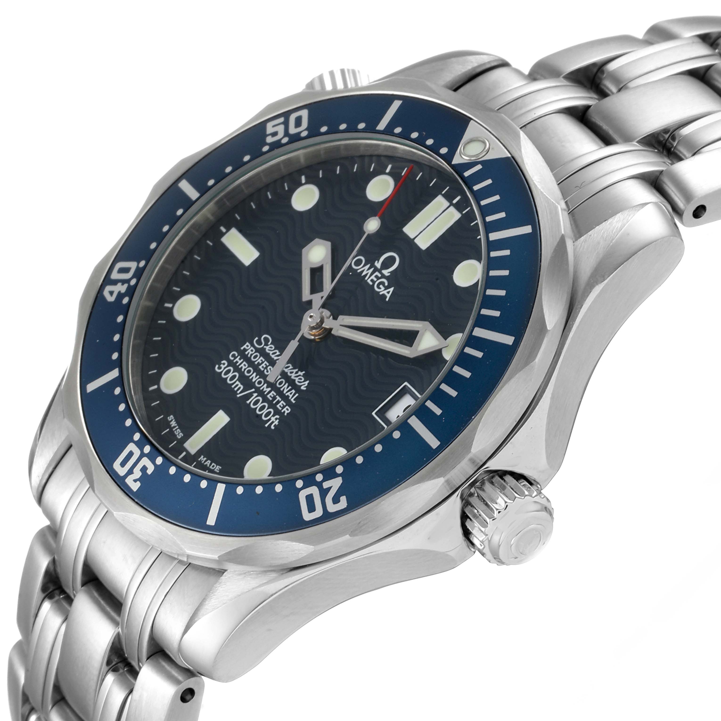 The Omega Seamaster 2551.80.00 Men
s Stainless Steel Blue Dial 2551.80.00 Men
s Stainless Steel Blue Dial watch is shown at a slight angle, highlighting the face, bezel, crown, and part of the bracelet.