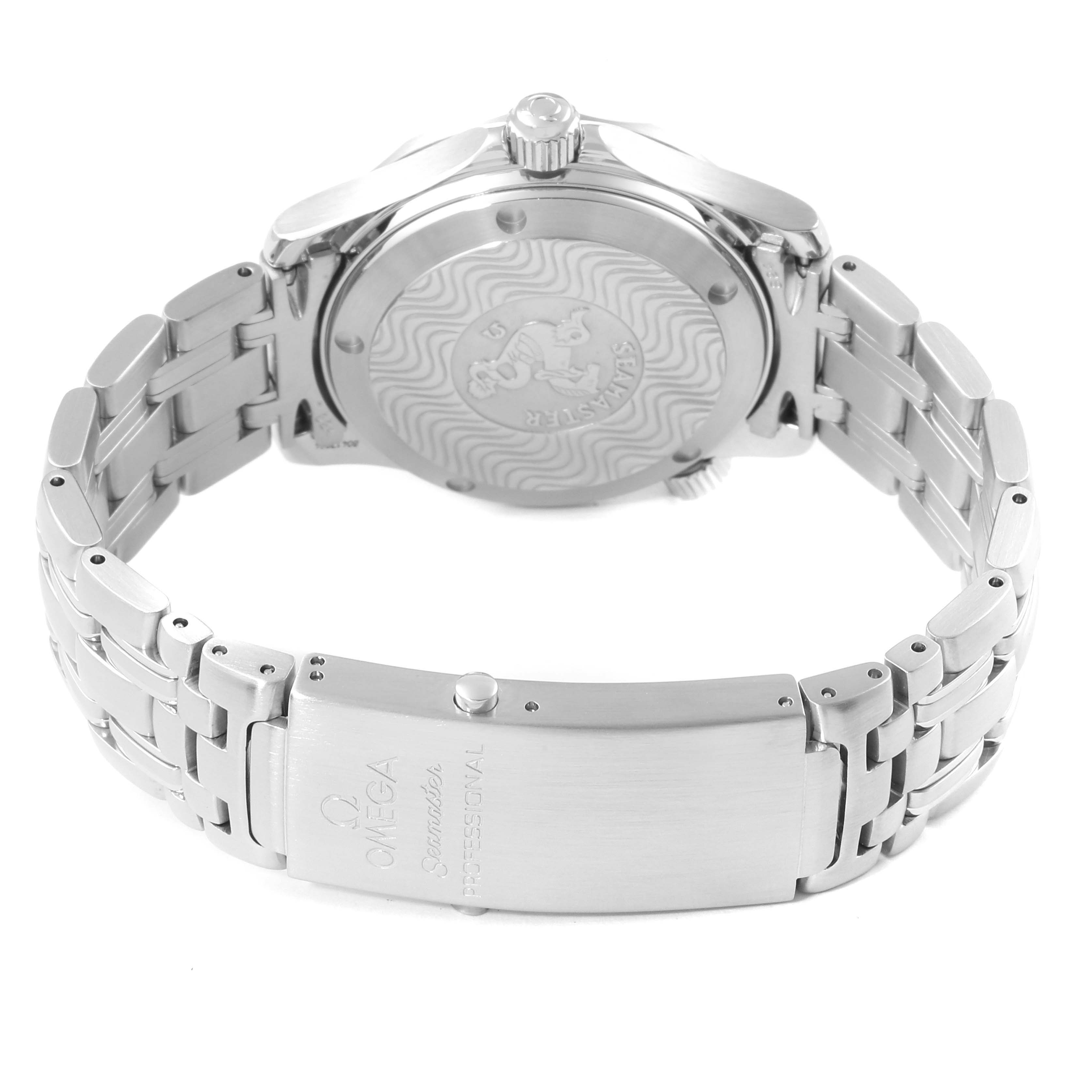 The image shows the back of an Omega Seamaster 2551.80.00 Men
s Stainless Steel Blue Dial 2551.80.00 Men
s Stainless Steel Blue Dial watch, including the case back and clasp of the metal bracelet.