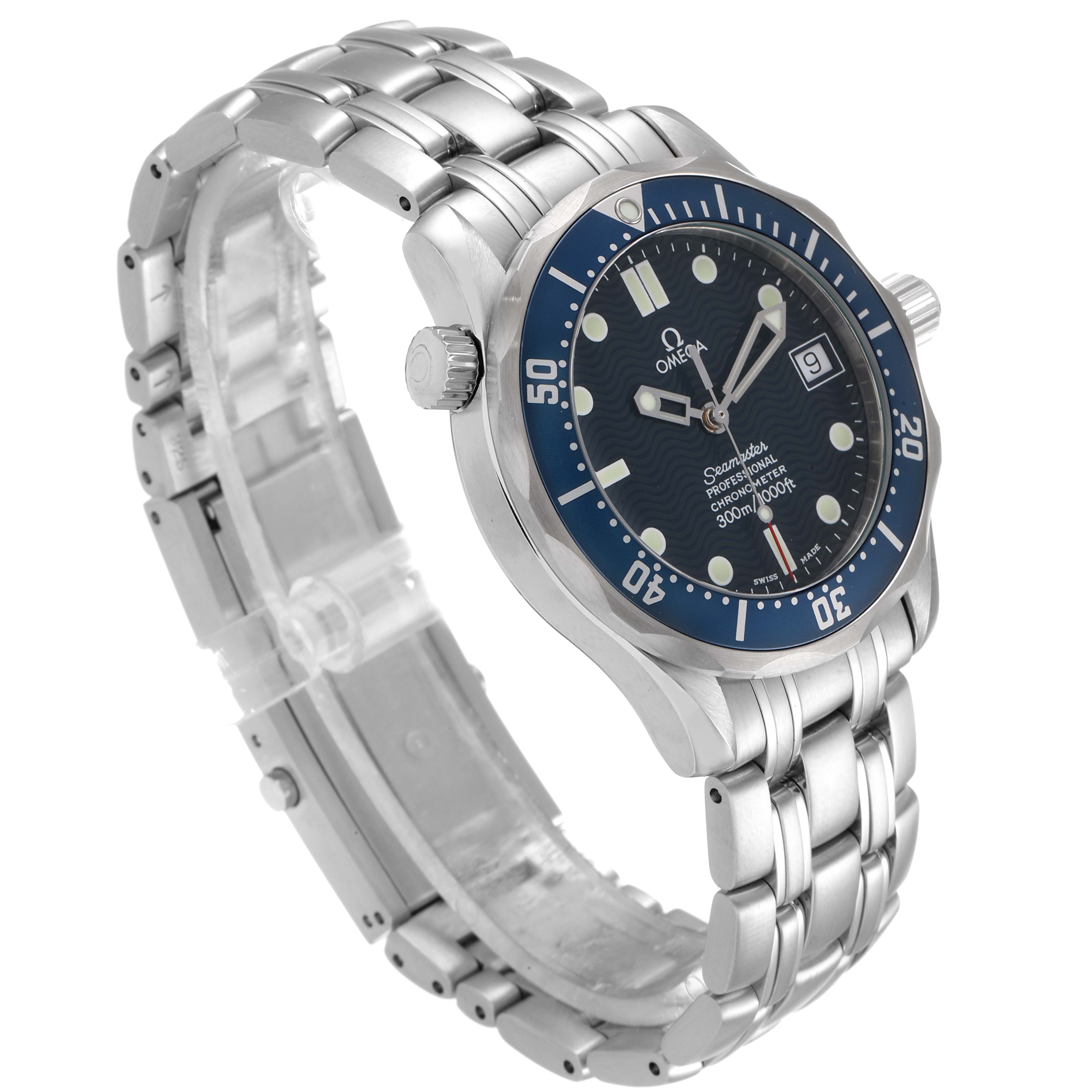 The Omega Seamaster 2551.80.00 Men
s Stainless Steel Blue Dial 2551.80.00 Men
s Stainless Steel Blue Dial watch is shown at a slight angle, revealing its face, bezel, crown, and stainless steel bracelet.