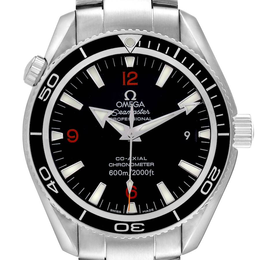 The Omega Planet Ocean watch is shown from the front, displaying its face, bezel, and part of its stainless steel bracelet.