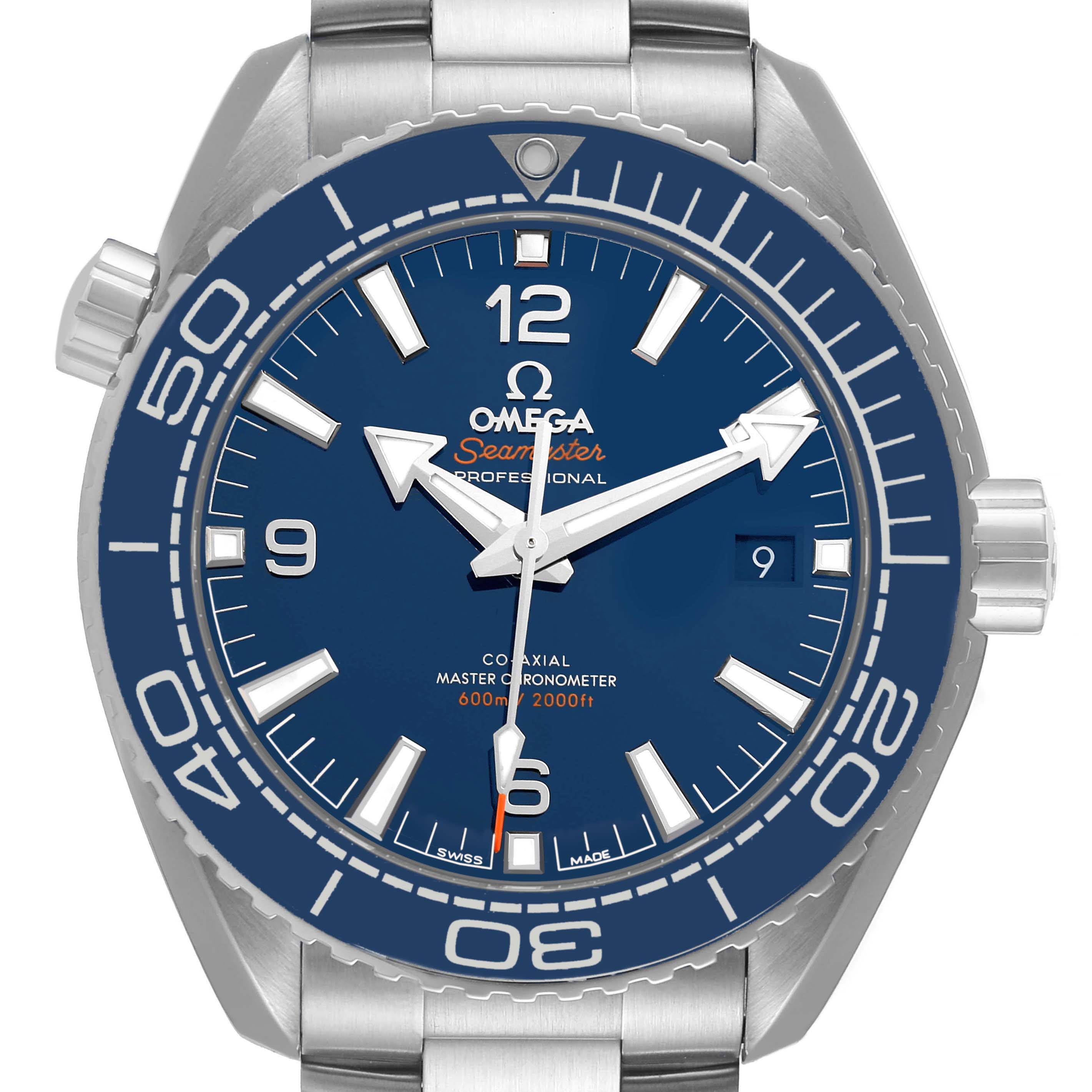 The image shows the front view of an Omega Planet Ocean 215.30.44.21.03.001 Men's Stainless Steel Blue Dial 215.30.44.21.03.001 Men's Stainless Steel Blue Dial watch, highlighting its blue dial, bezel, and stainless steel bracelet.