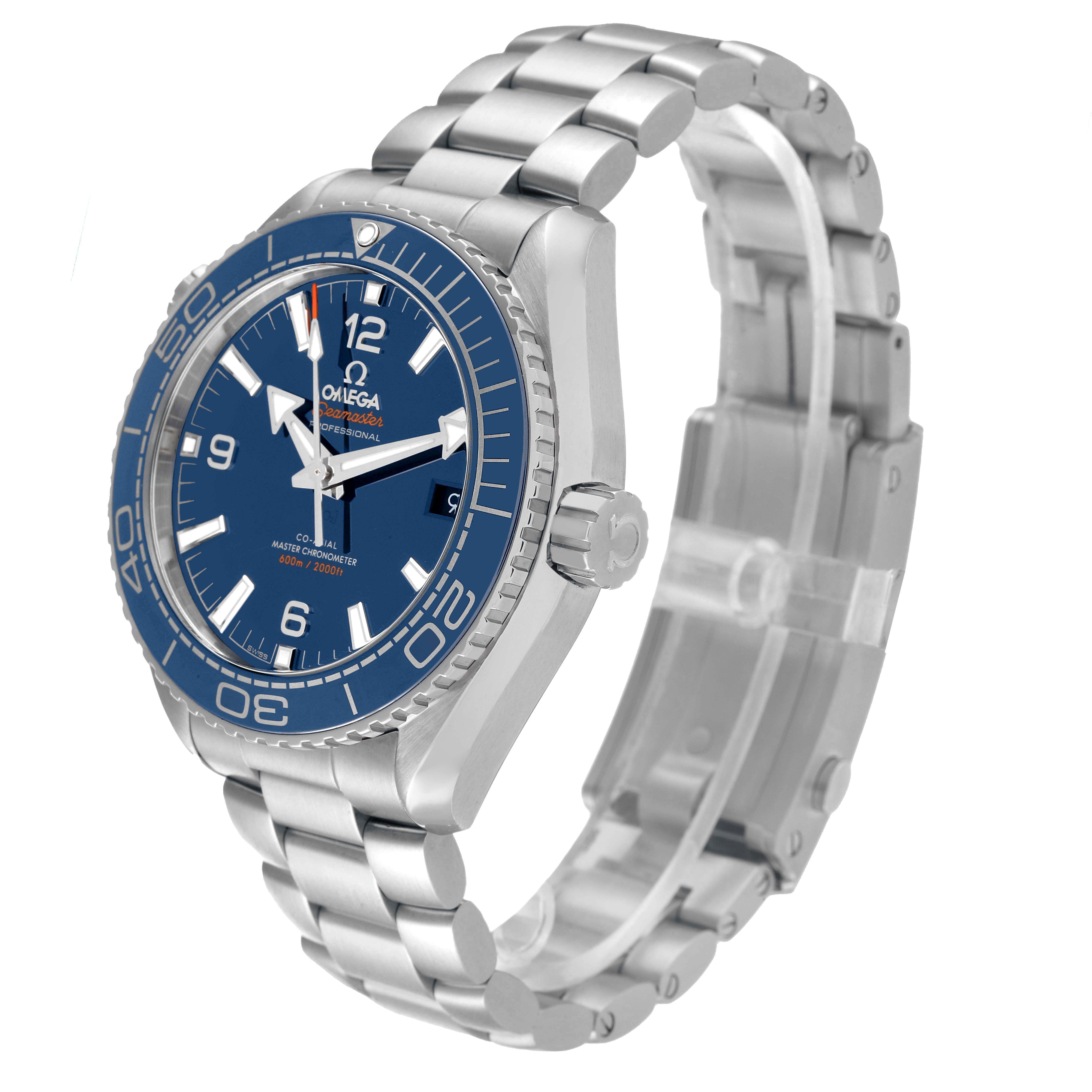 The image shows a side angle of the Omega Planet Ocean 215.30.44.21.03.001 Men's Stainless Steel Blue Dial 215.30.44.21.03.001 Men's Stainless Steel Blue Dial watch, highlighting its band, crown, bezel, and face.