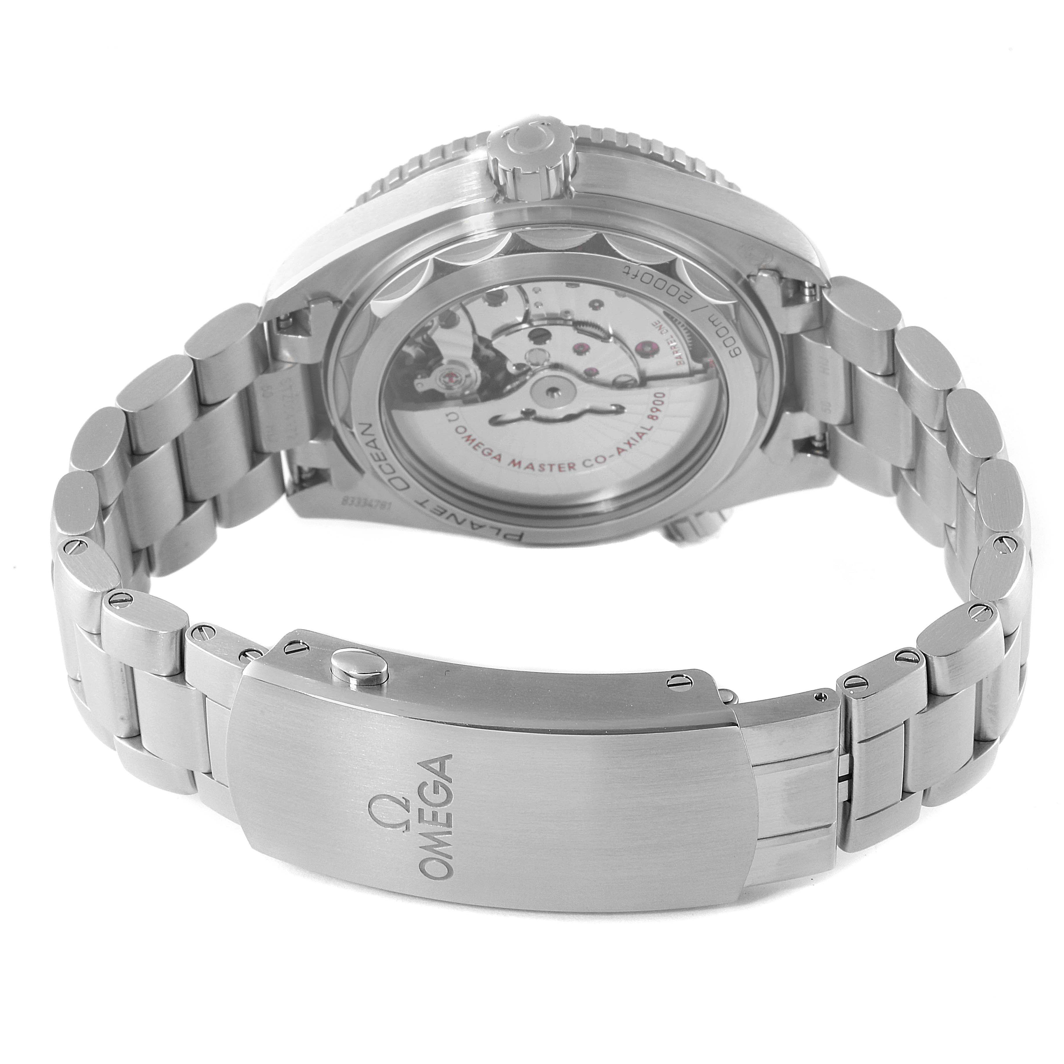 The image shows the back view of an Omega Planet Ocean 215.30.44.21.03.001 Men's Stainless Steel Blue Dial 215.30.44.21.03.001 Men's Stainless Steel Blue Dial watch, showcasing its caseback, rotor, and bracelet.