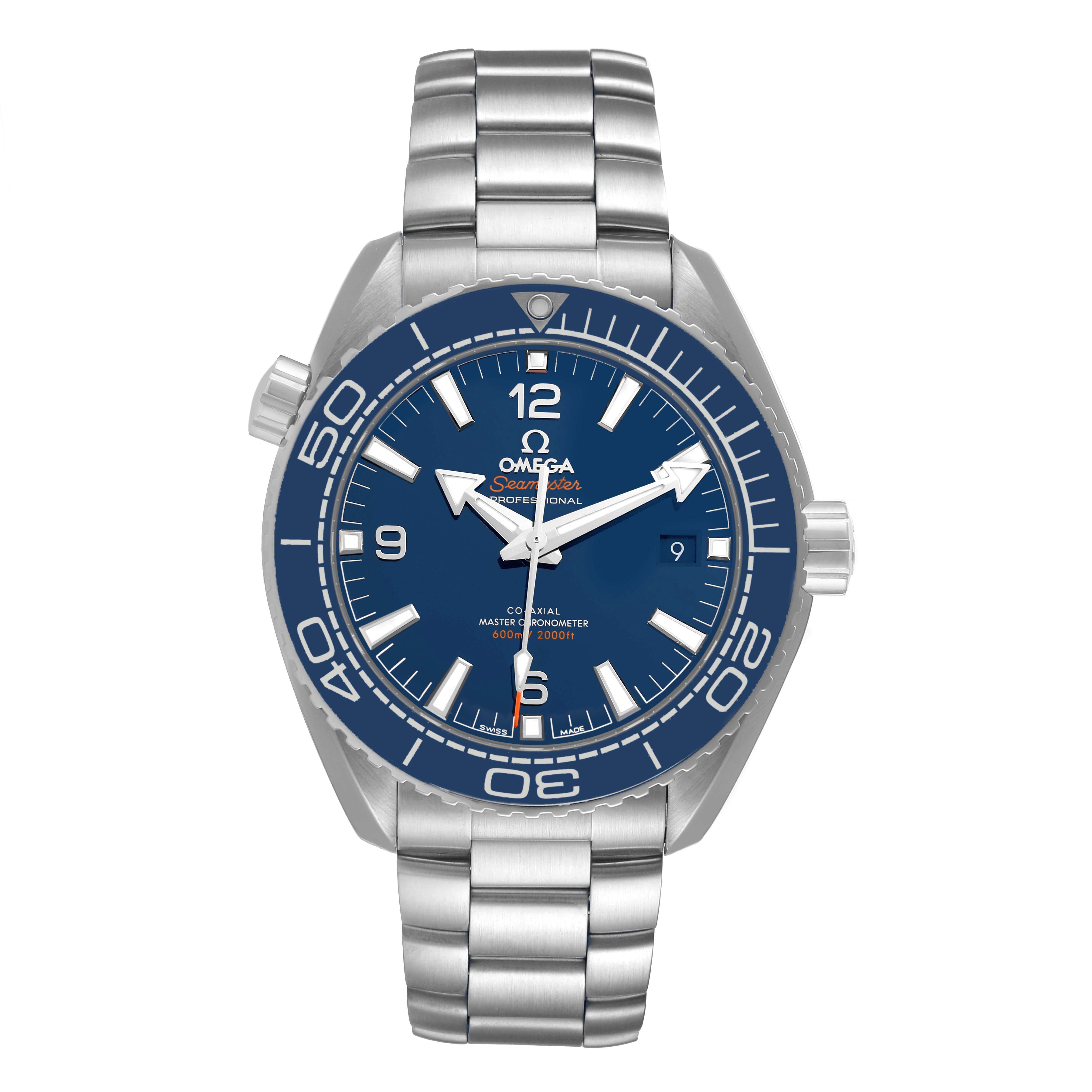The image shows a front view of the Omega Planet Ocean 215.30.44.21.03.001 Men's Stainless Steel Blue Dial 215.30.44.21.03.001 Men's Stainless Steel Blue Dial watch, displaying its face, bezel, and stainless steel bracelet.