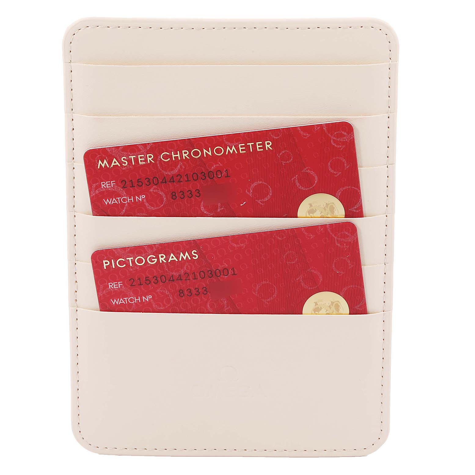 This image shows the warranty cards for an Omega Planet Ocean 215.30.44.21.03.001 Men's Stainless Steel Blue Dial 215.30.44.21.03.001 Men's Stainless Steel Blue Dial watch in a beige cardholder.