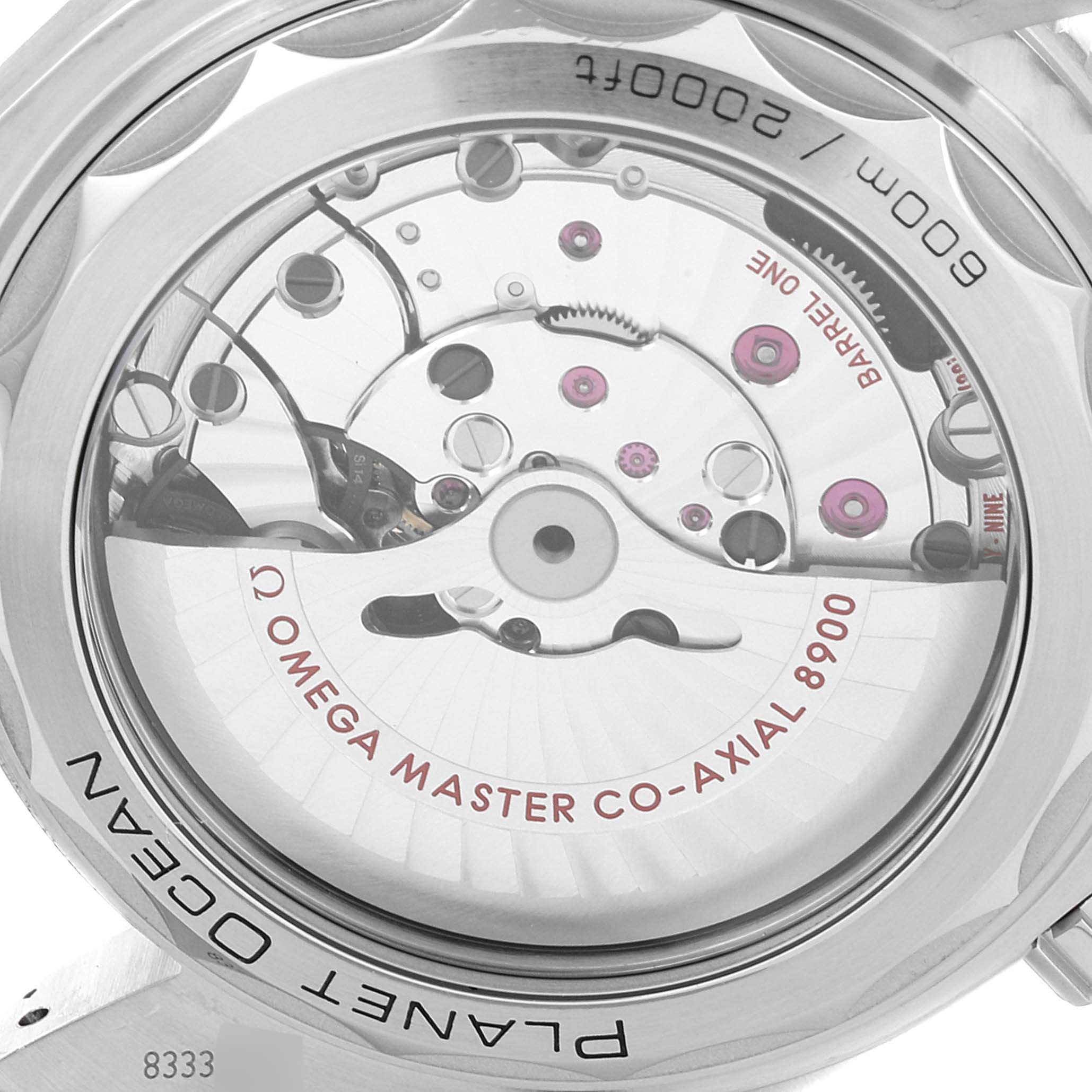 This image shows the open back of an Omega Planet Ocean 215.30.44.21.03.001 Men's Stainless Steel Blue Dial 215.30.44.21.03.001 Men's Stainless Steel Blue Dial watch, revealing its mechanical movement and "Omega Master Co-Axial 8900" inscription.