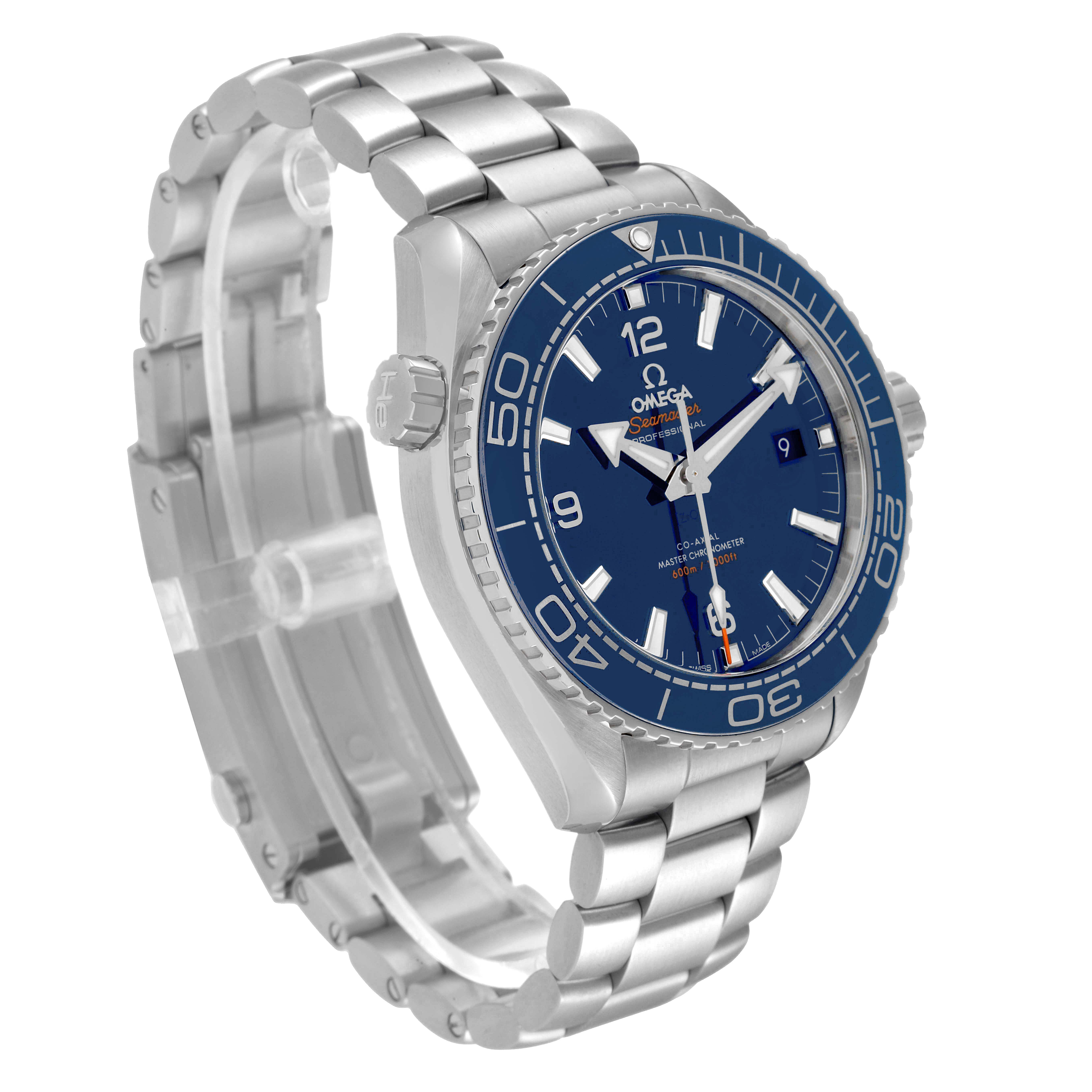 This image shows an angled side view of the Omega Planet Ocean 215.30.44.21.03.001 Men's Stainless Steel Blue Dial 215.30.44.21.03.001 Men's Stainless Steel Blue Dial watch, highlighting its dial, bezel, crown, and metal bracelet.