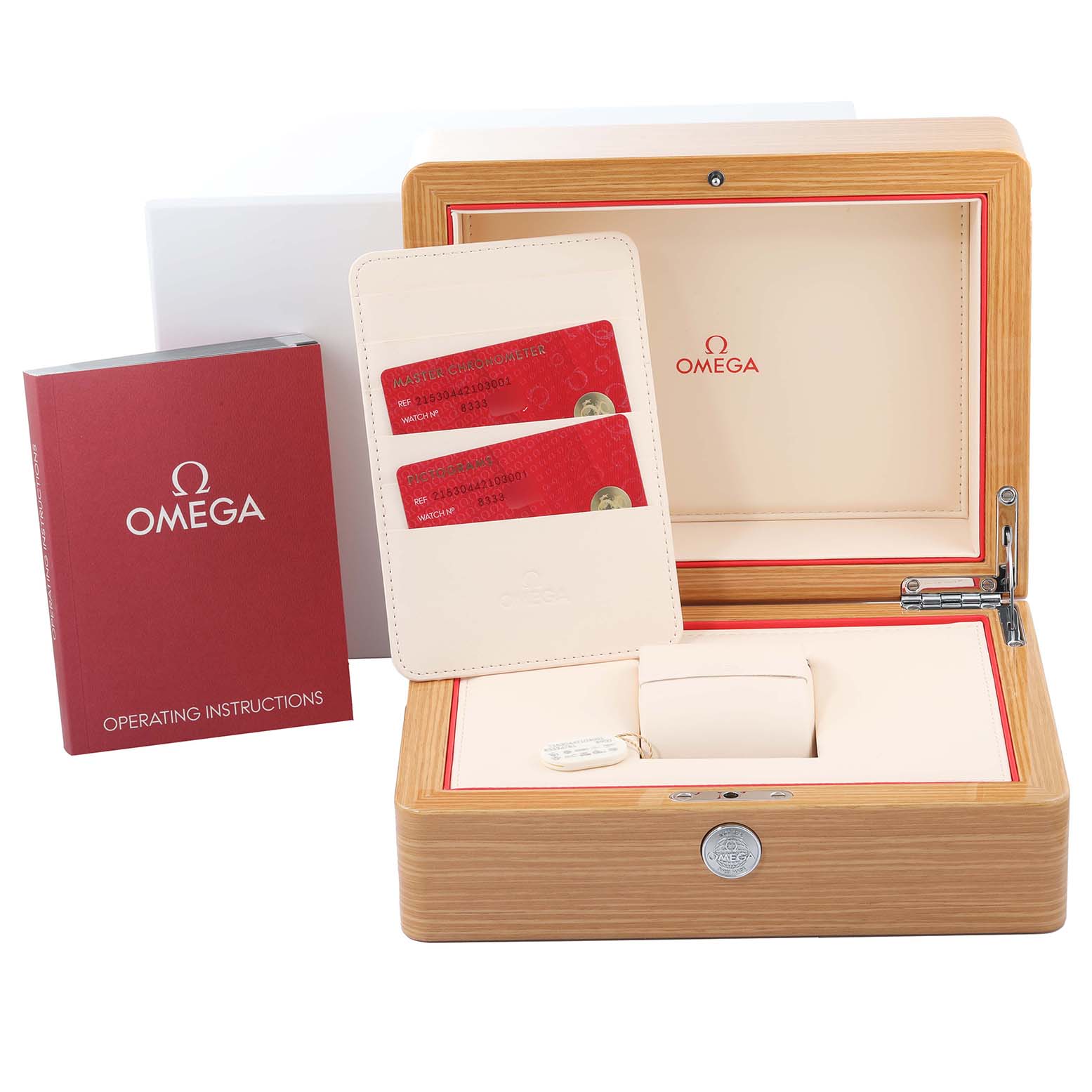 This image shows the Omega Planet Ocean 215.30.44.21.03.001 Men's Stainless Steel Blue Dial 215.30.44.21.03.001 Men's Stainless Steel Blue Dial watch box, operating instructions, and cardholder with authentication cards.