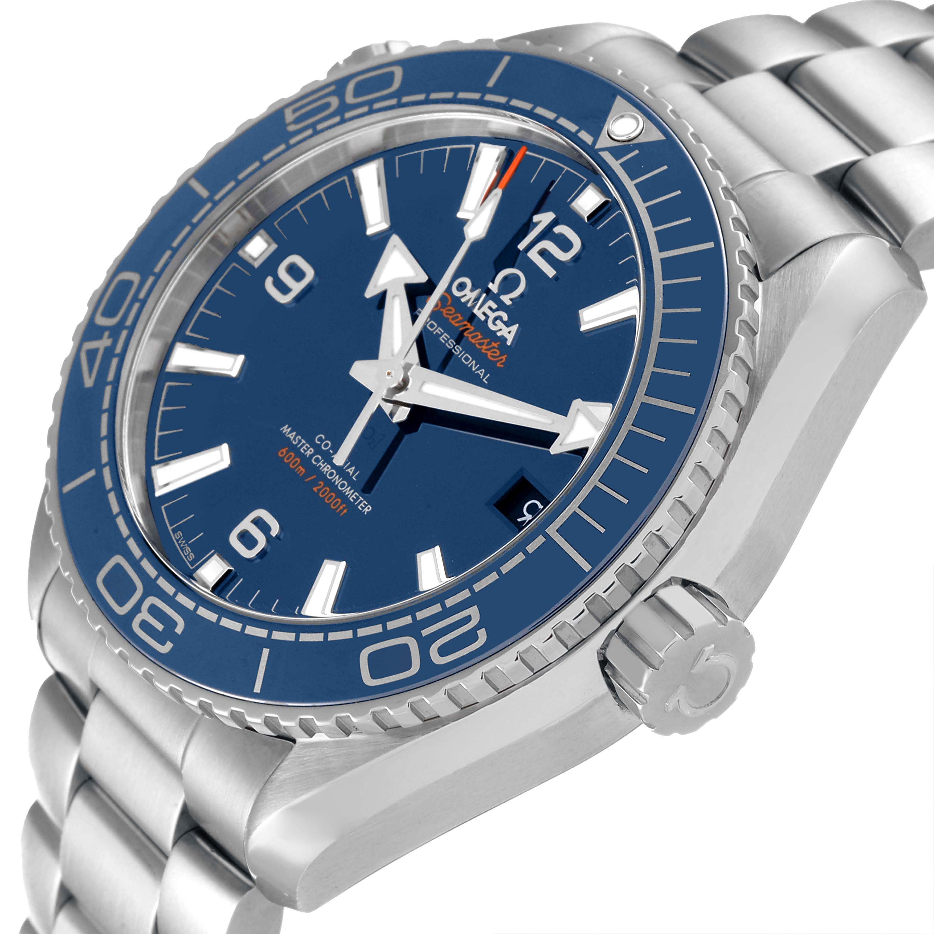 The image shows a side angle of the Omega Planet Ocean 215.30.44.21.03.001 Men's Stainless Steel Blue Dial 215.30.44.21.03.001 Men's Stainless Steel Blue Dial watch, focusing on the dial, bezel, and bracelet.
